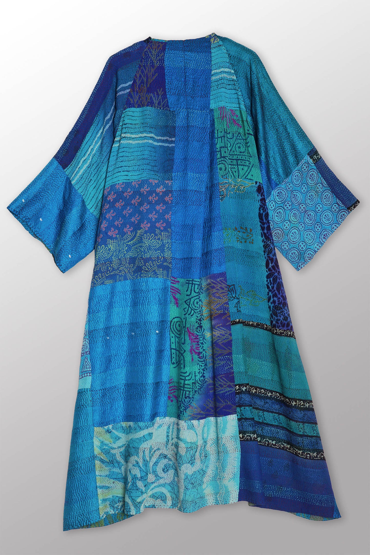 GEORGETTE VINTAGE SILK PATCH KANTHA KIMONO MAXI - gs2318-tuq -