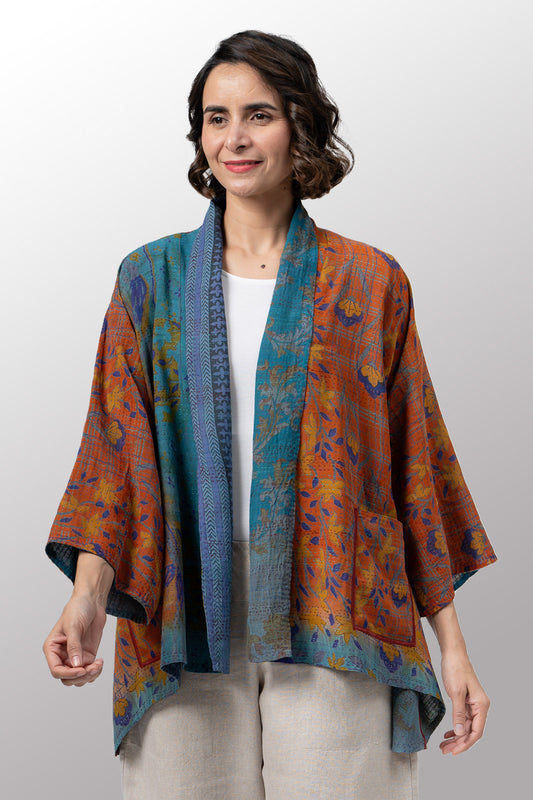 VINTAGE SILK GEORGETTE COTTON KANTHA KIMONO JKT - gc2004-0008a -