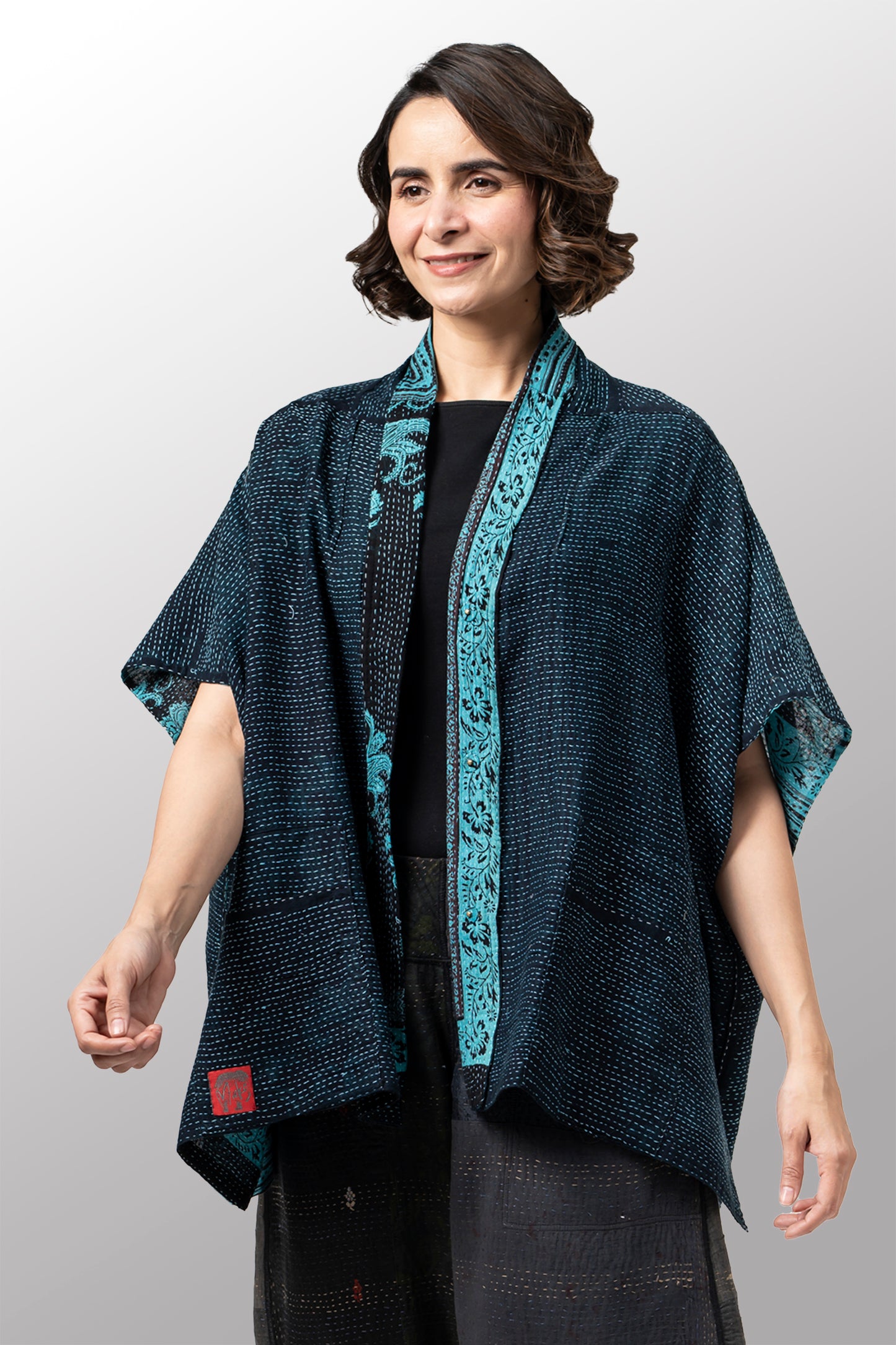 COTTON PAISLEY KANTHA PONCHO TOP - cp2568-tel -