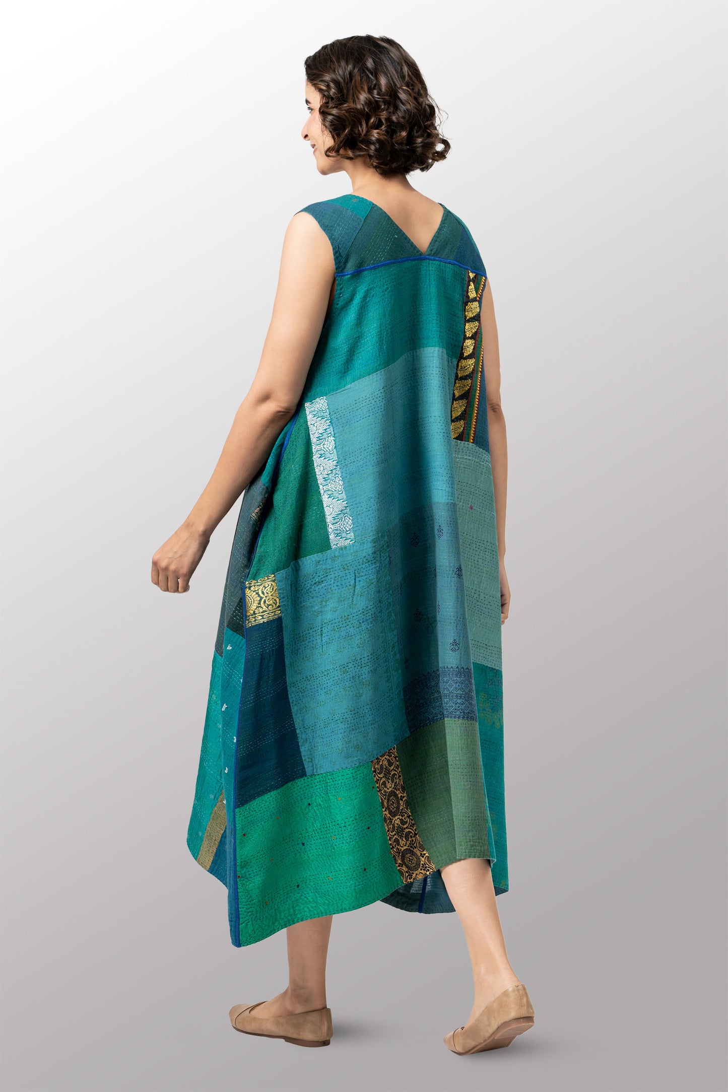 COTTON SILK SW PATCH OMBRE KANTHA TENT DRESS - ws2413-tel -