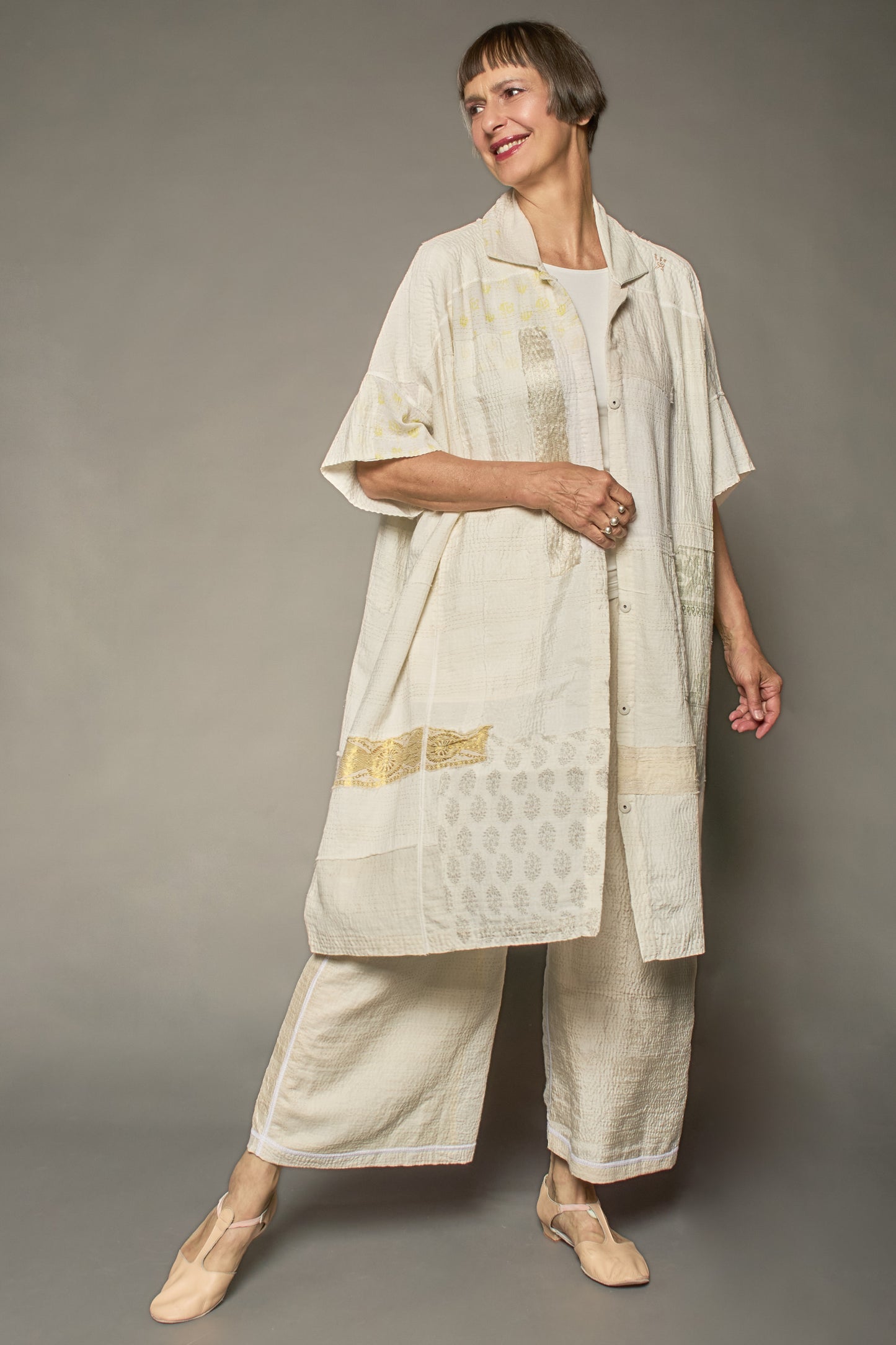 FRAYED PATCH KANTHA WIDE SHIRT DRESS - fi2448-ivy -