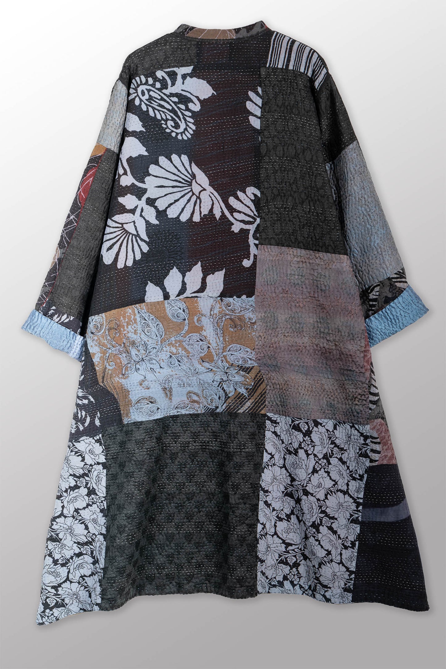 JACQUARD SILK KANTHA KAFTAN COAT - js4343-blk -
