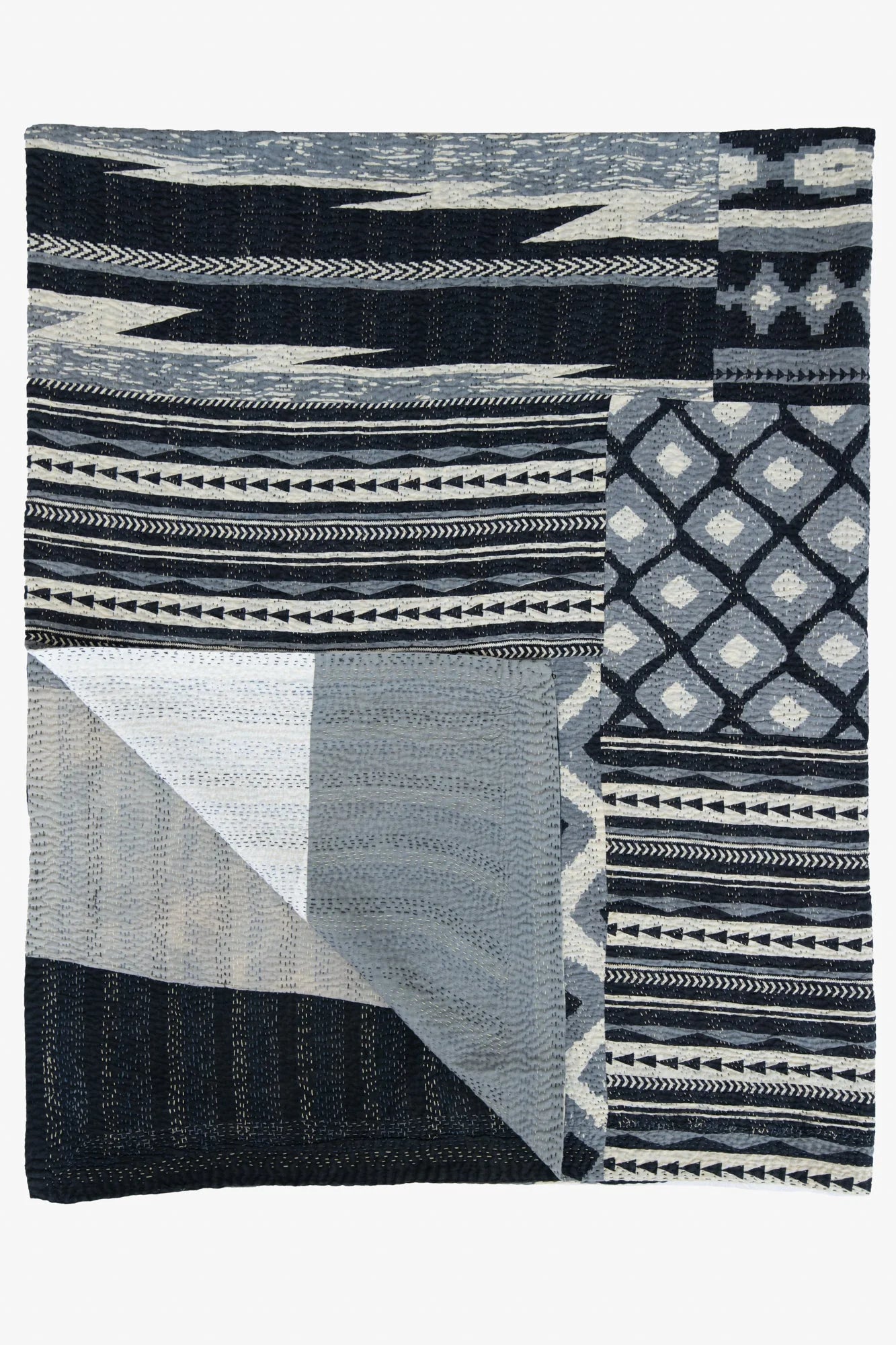 Monotone Ikat Handmade Vintage Kantha Throw - Black