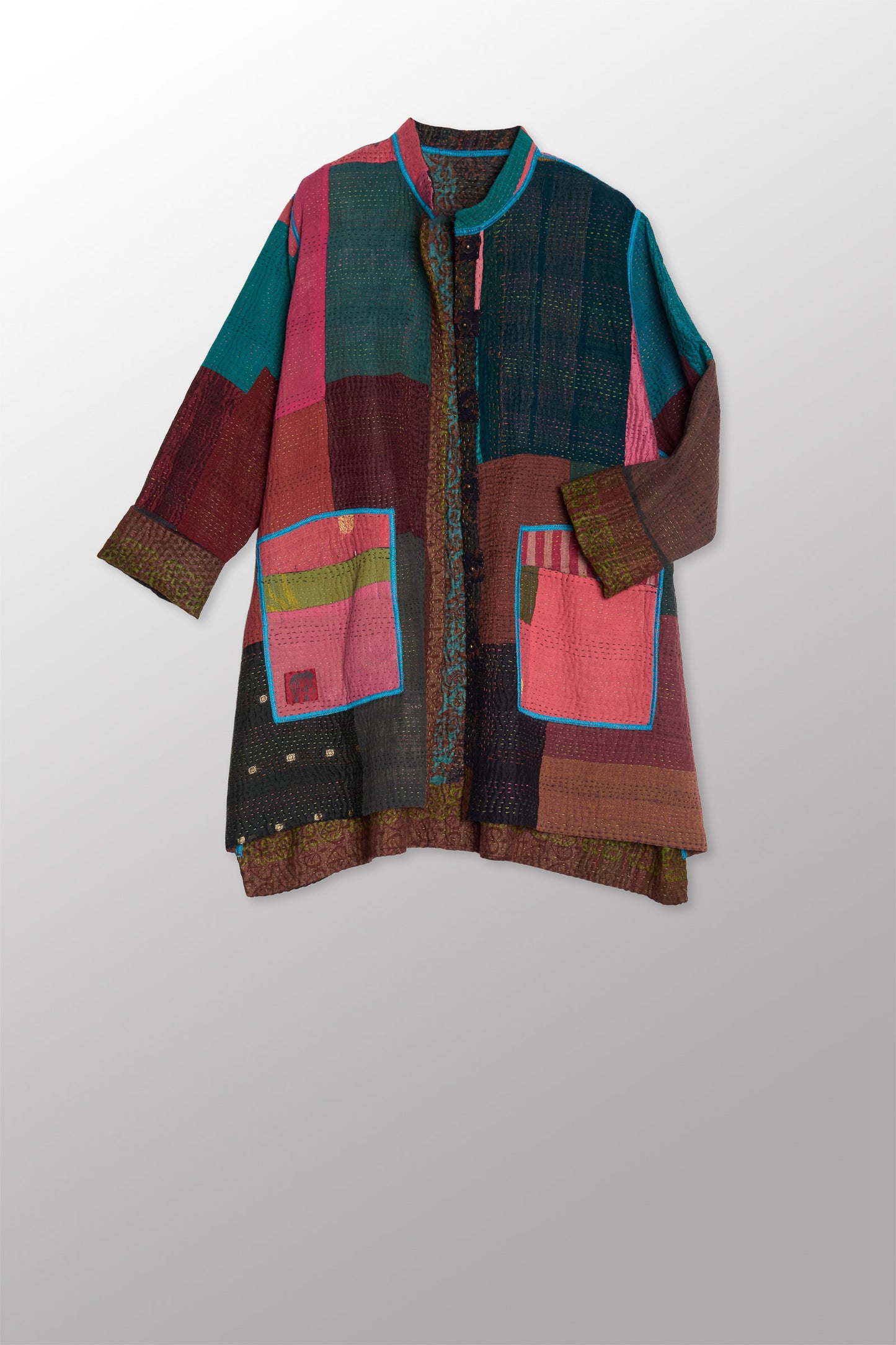 BAGH PRINT KANTHA KAFTAN JACKET MEDIUM - bg4089-brn -