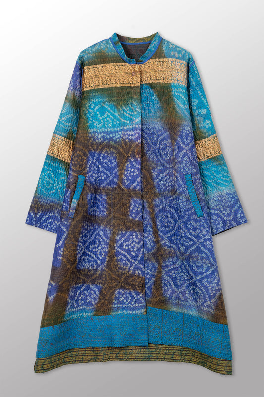 VINTAGE PRINTED SILK CLAMP DYE WITH JACQUARD KANTHA KAFTAN COAT - sk4343-0001m -