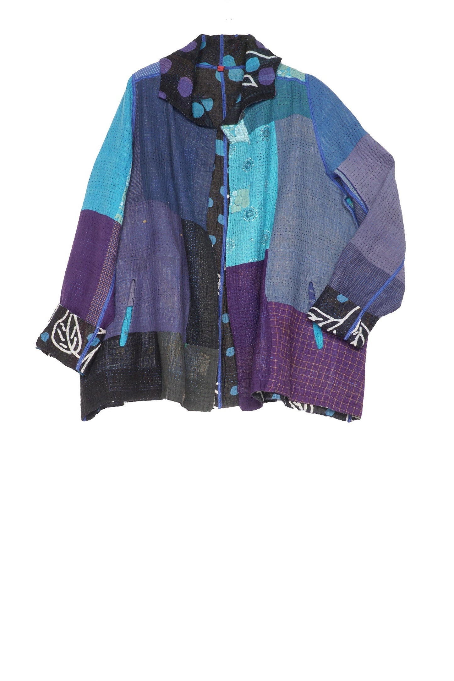 POLKA DOTS & LEAVES KANTHA TUCKED COLLAR JKT - dl4047-blu -