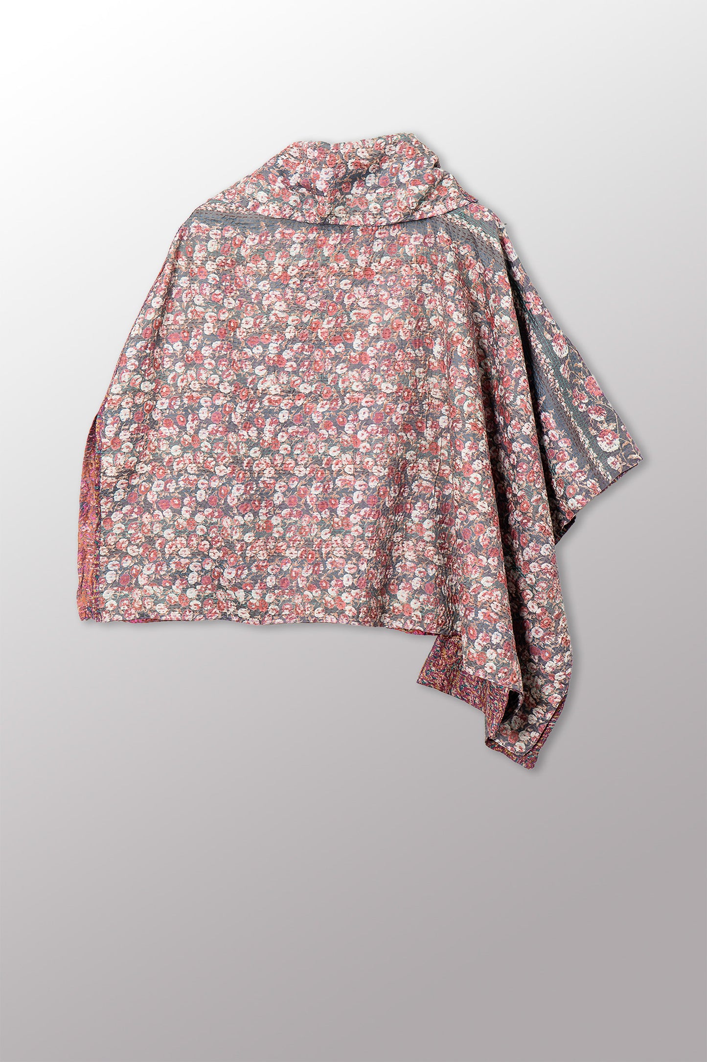 VINTAGE SILK KANTHA COWL NECK LONG CAPE - sv2842-0018a -