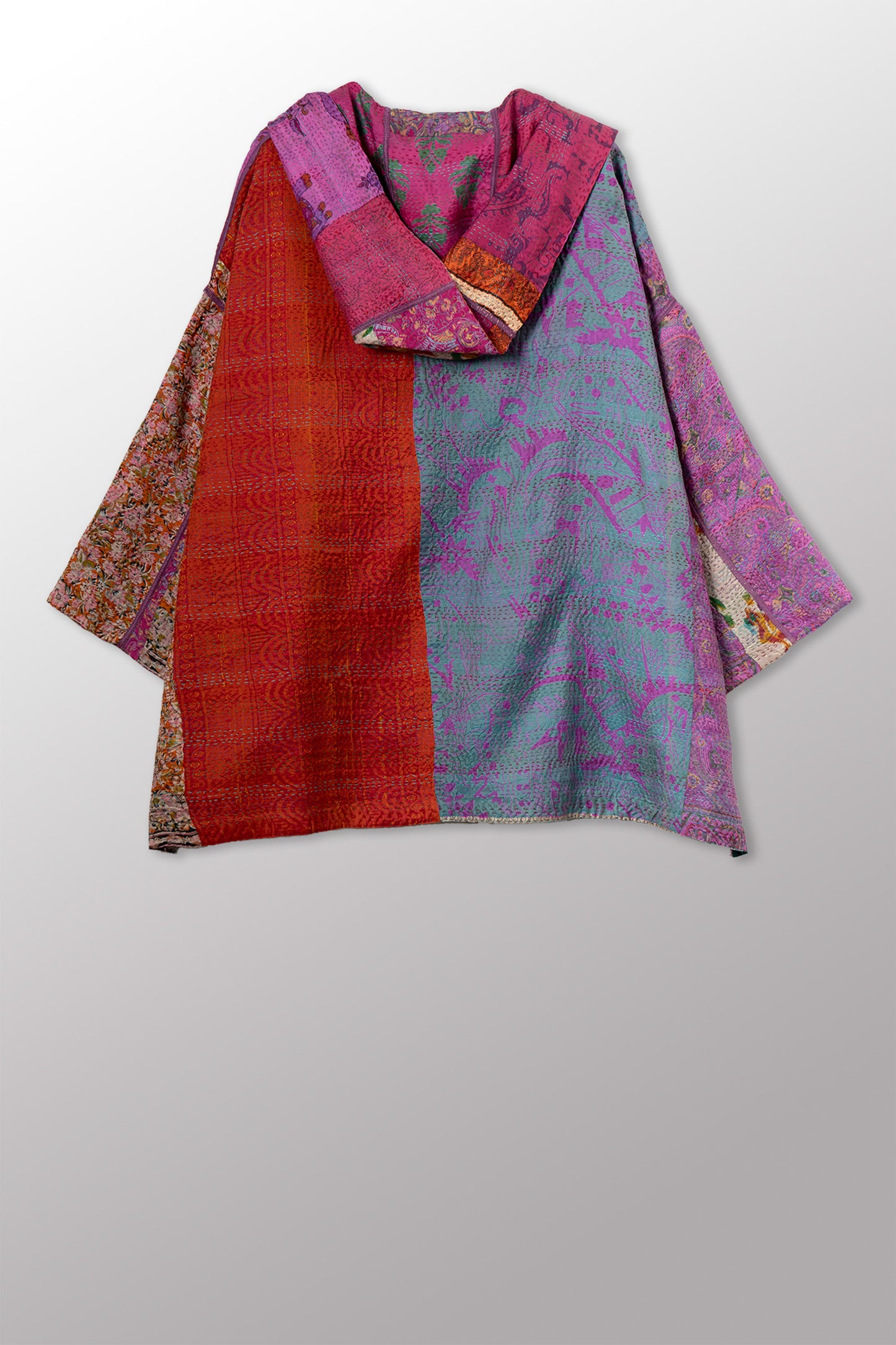 VINTAGE SILK KANTHA HOODIE PONCHO - sv2064-0003a -
