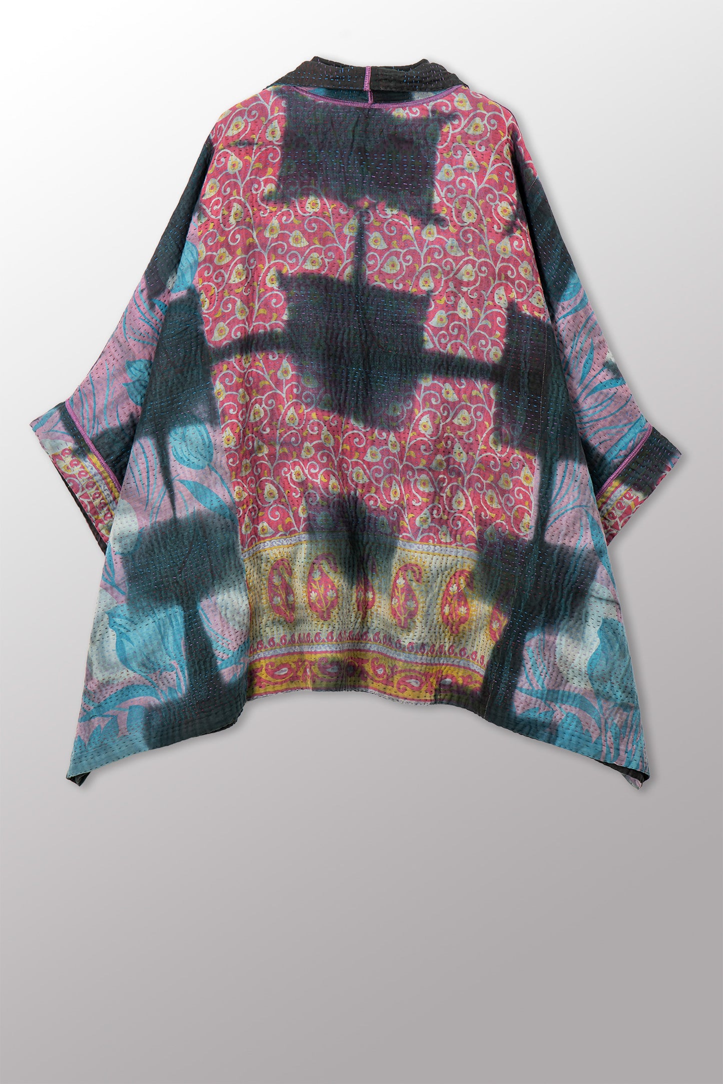 VINTAGE COTTON GREY CLAMP TIE DYE KANTHA DOUBLE COLLAR PONCHO - su4323-0003a -