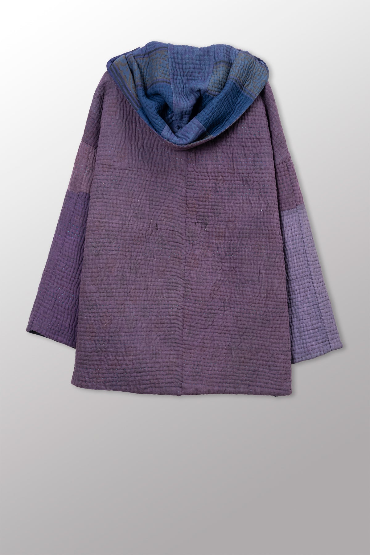 QUILTED OVERDYE COTTON KANTHA HOODED COCOON JACKET (086) - oq5086-cblu001a -