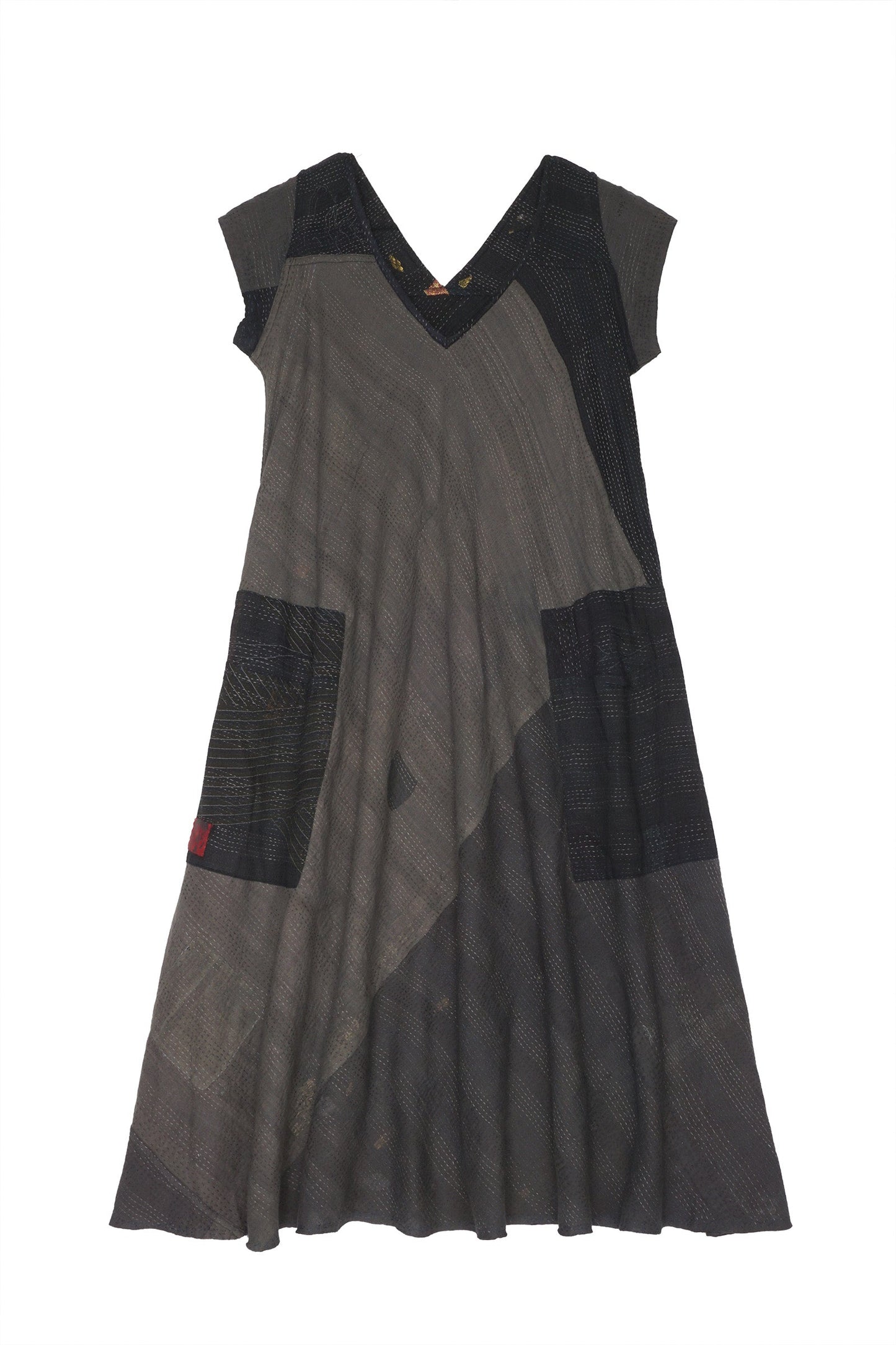 COTTON SILK SW PATCH KANTHA CAP SLV. FLARE DRESS - ws2425-blk -
