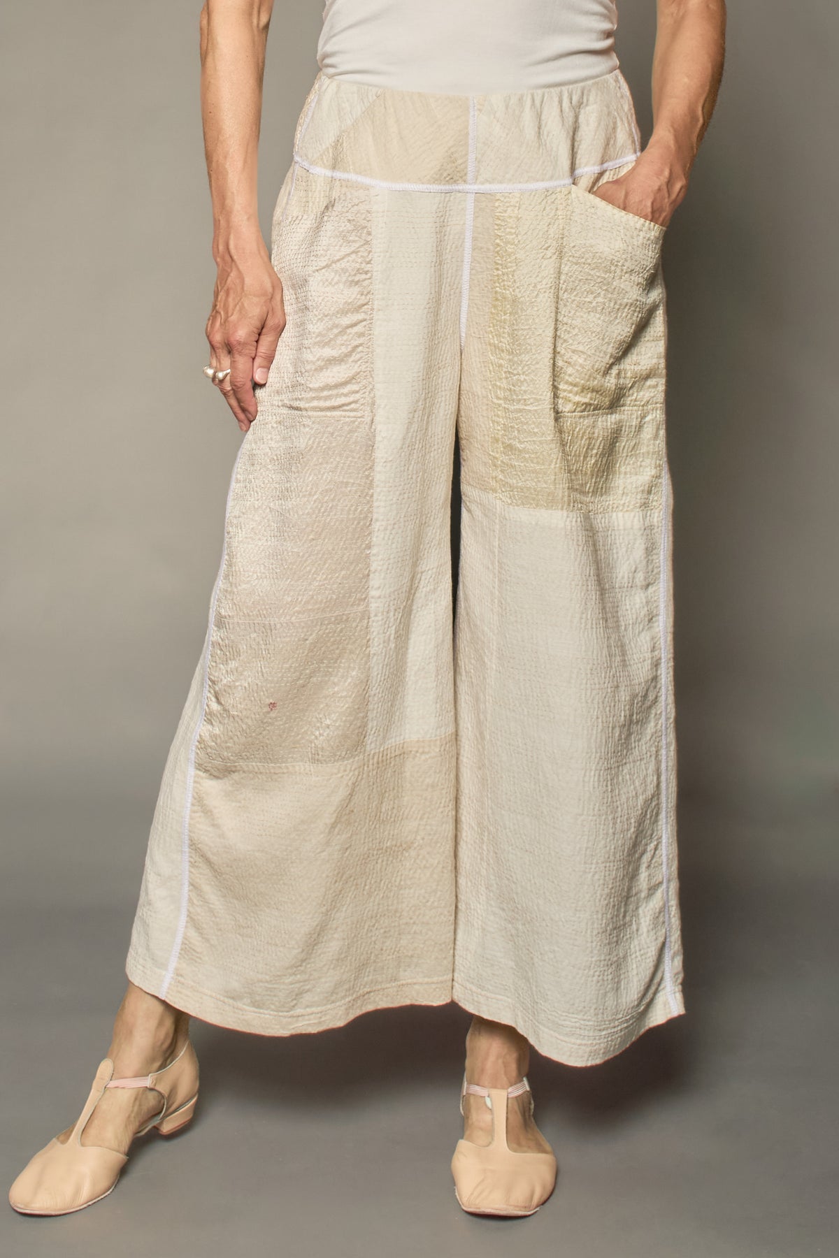 JAIPUR WHITE KANTHA MID RISE WIDE LEG PANTS - jw2665-ivy -