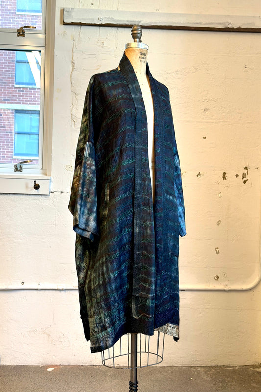 TIE DYE VINTAGE SILK KANTHA NEW KIMONO WRAP LONG - st-sv2360-blk -