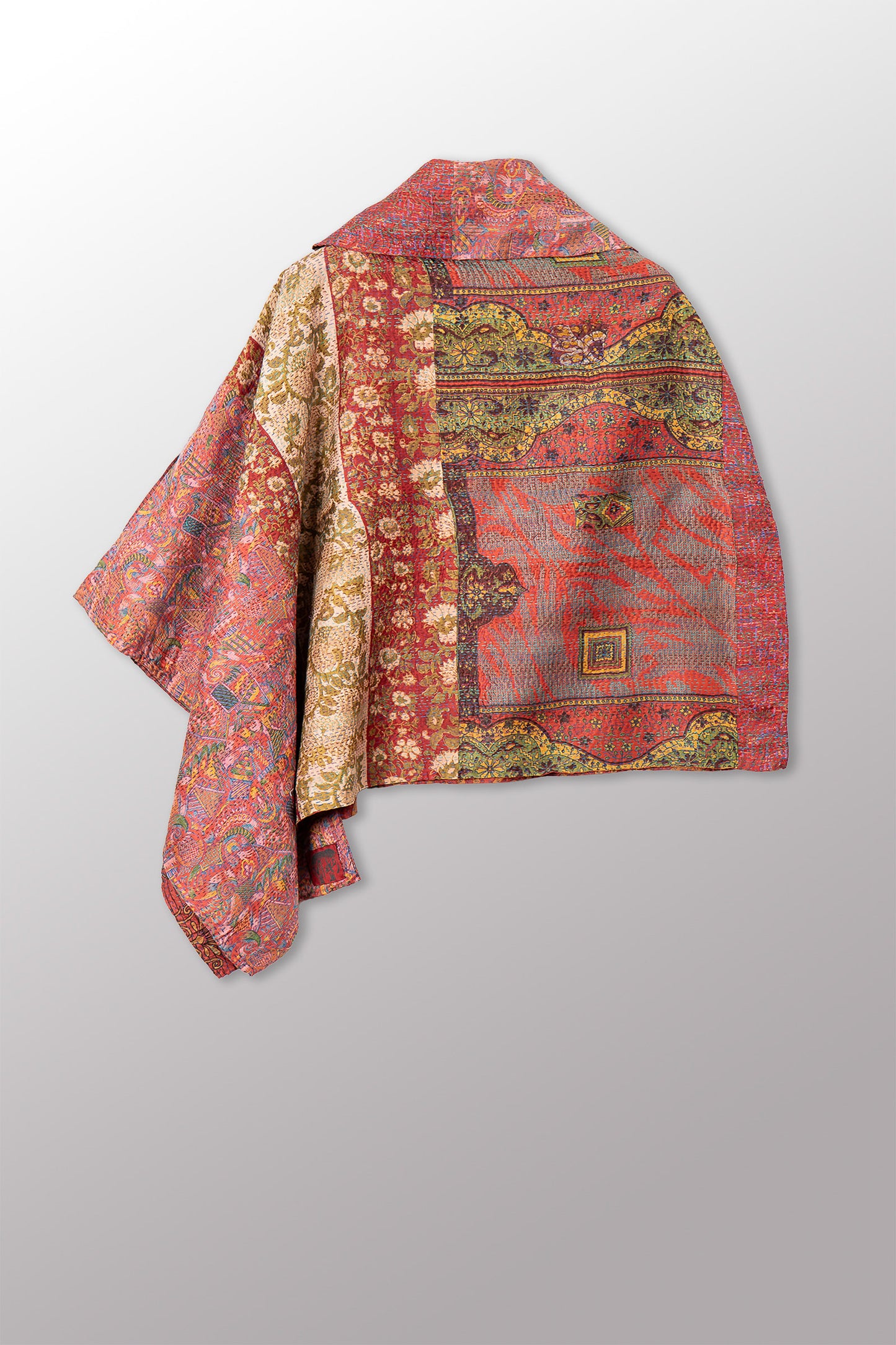 VINTAGE SILK KANTHA COWL NECK LONG CAPE - sv2842-0019a -