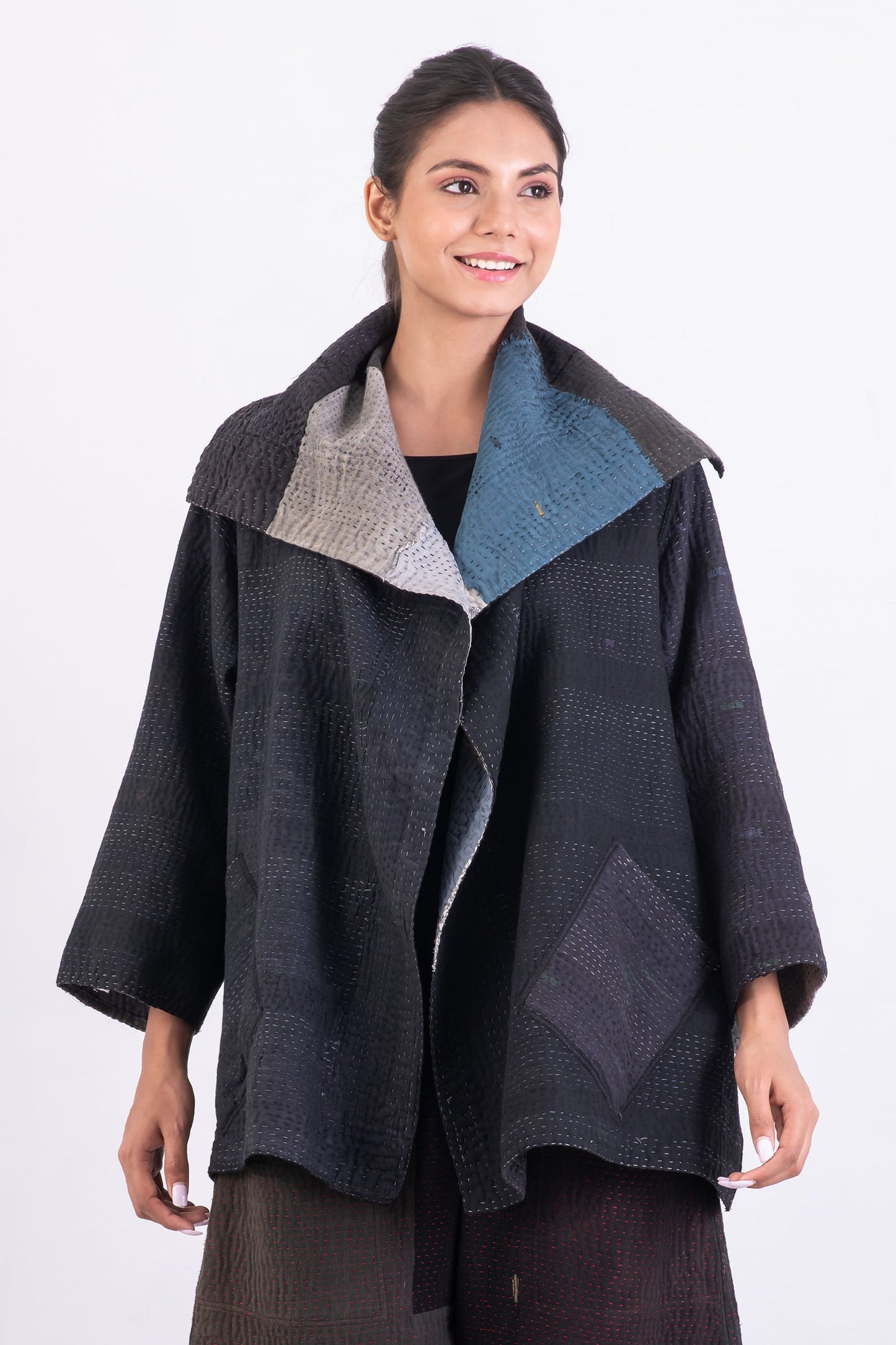 TWO TONE PATCH KANTHA FLARE JACKET - tn4010-blk -