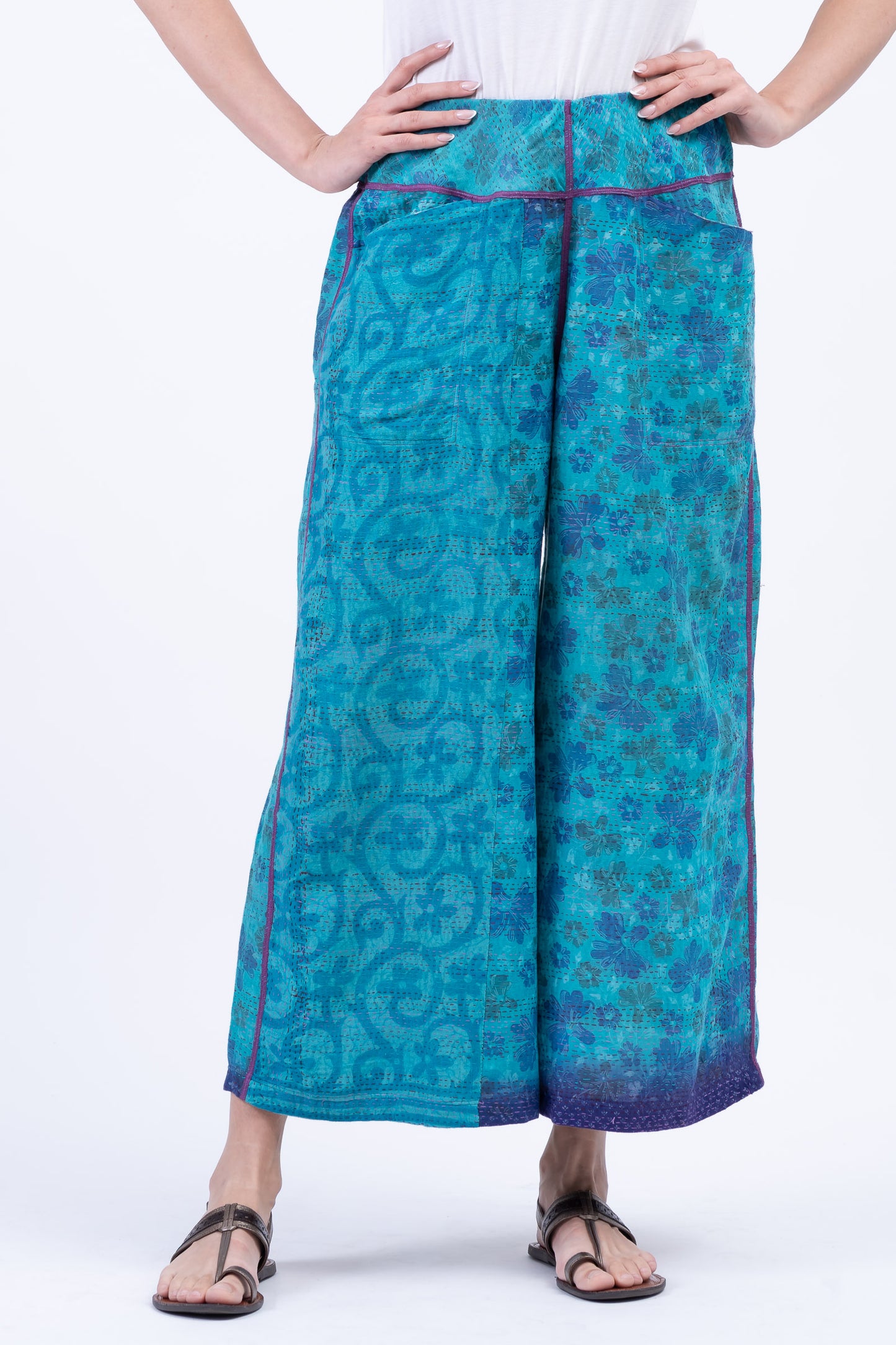 COTTON OVERDYE KANTHA MID RISE WIDE LEG PANTS - ov2665-cblu001m -