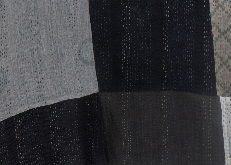 STRIPE AND CHECK COTTON SILK PATCH KANTHA COWL NECK PONCHO - ss4061-blk -