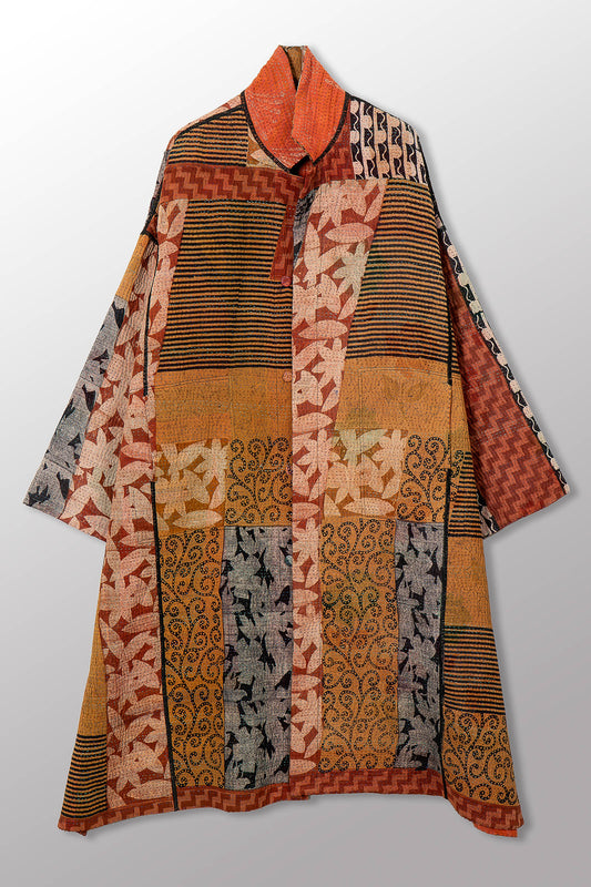 VINTAGE SILK GEORGETTE COTTON KANTHA NEW OVERSIZED COAT - gc4342-0004a -