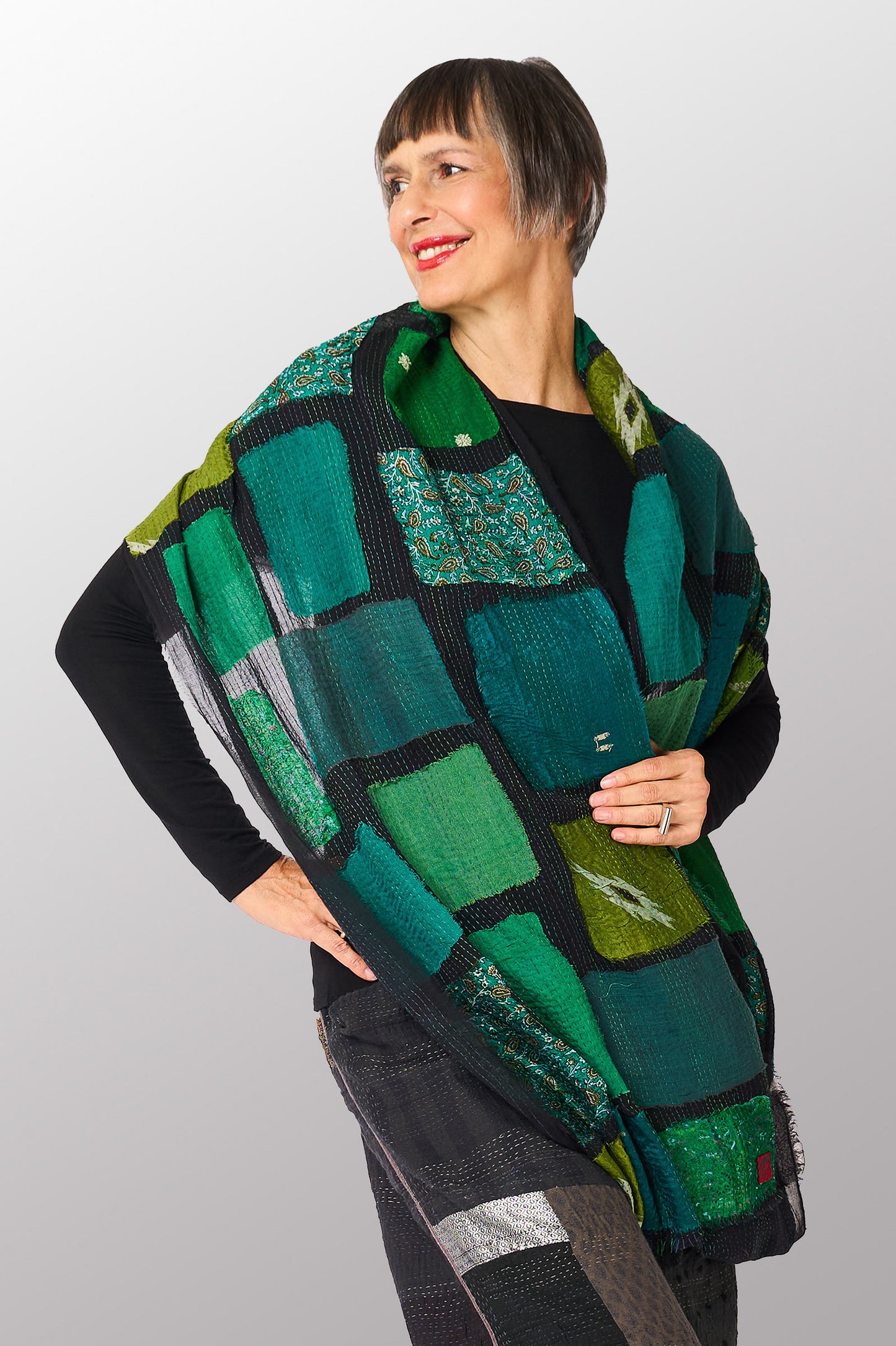 TONAL TILE PATCH KANTHA INFINITY SCARF - tt2816-ngy -