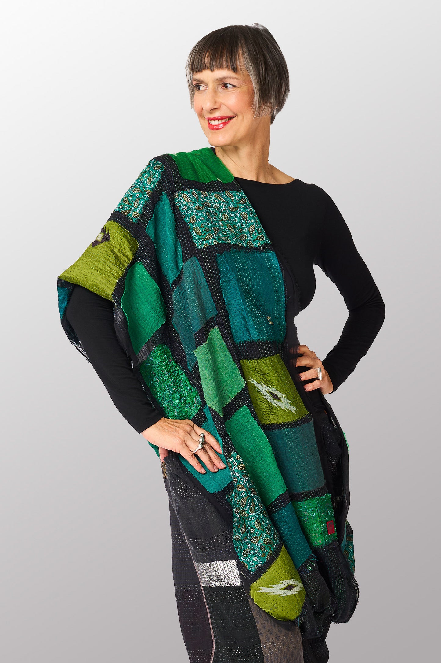 TONAL TILE PATCH KANTHA INFINITY SCARF - tt2816-ngy -