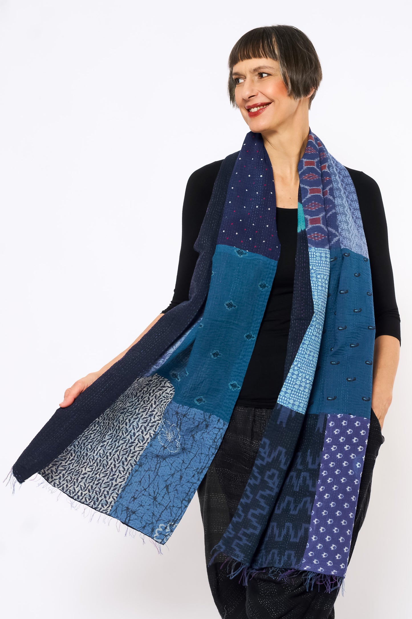 PATCH & CIRCLE PRINT KANTHA SCARF STANDARD - pc2801-blu -