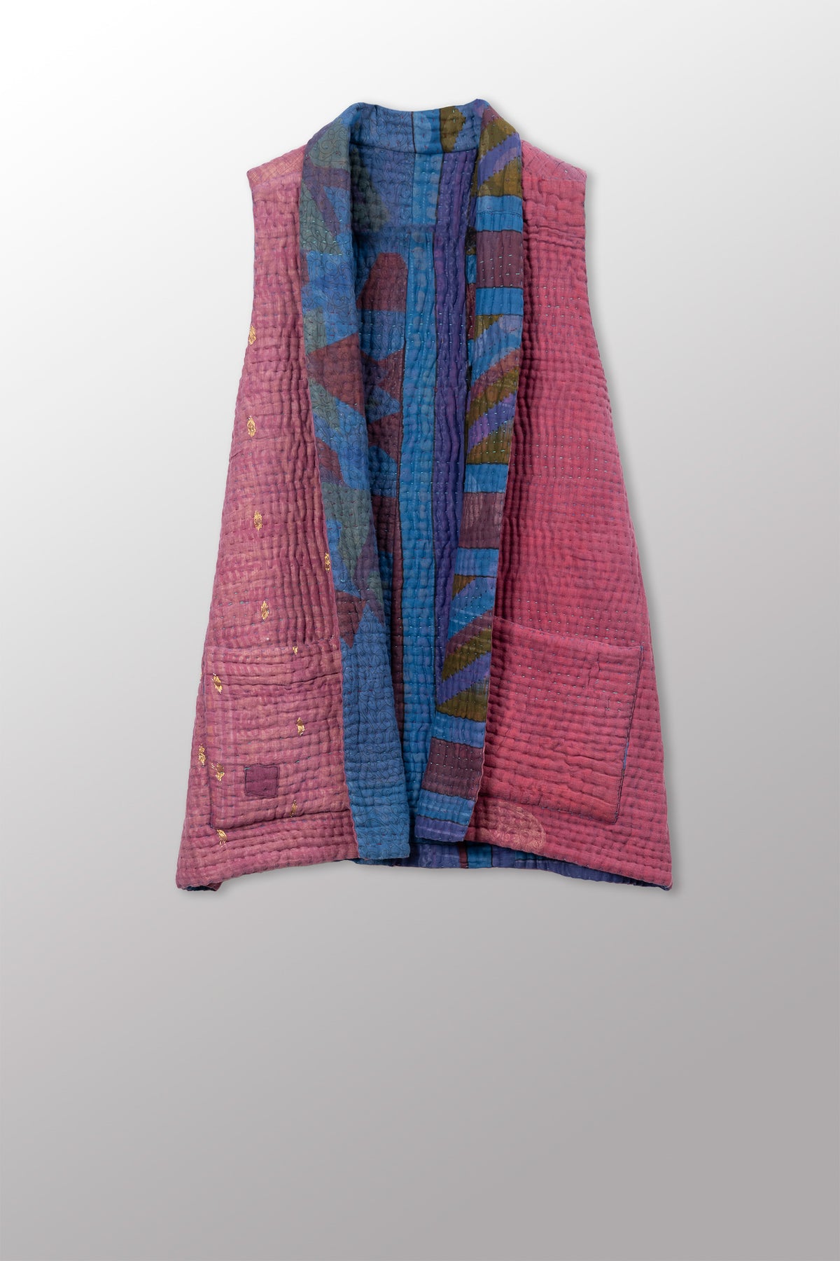 QUILTED OVERDYE COTTON KANTHA KIMONO VEST SHORT - oq5248-cblu002m -