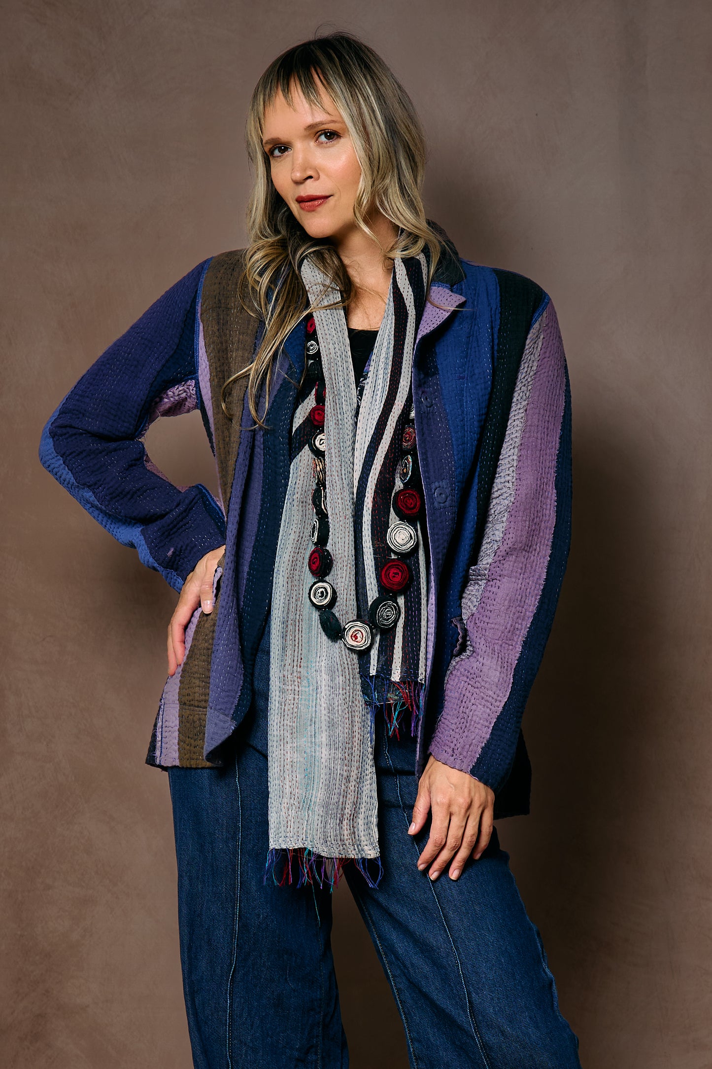 COTTON STRIPE PATCH KANTHA BASIC JACKET - cs4052-prp -