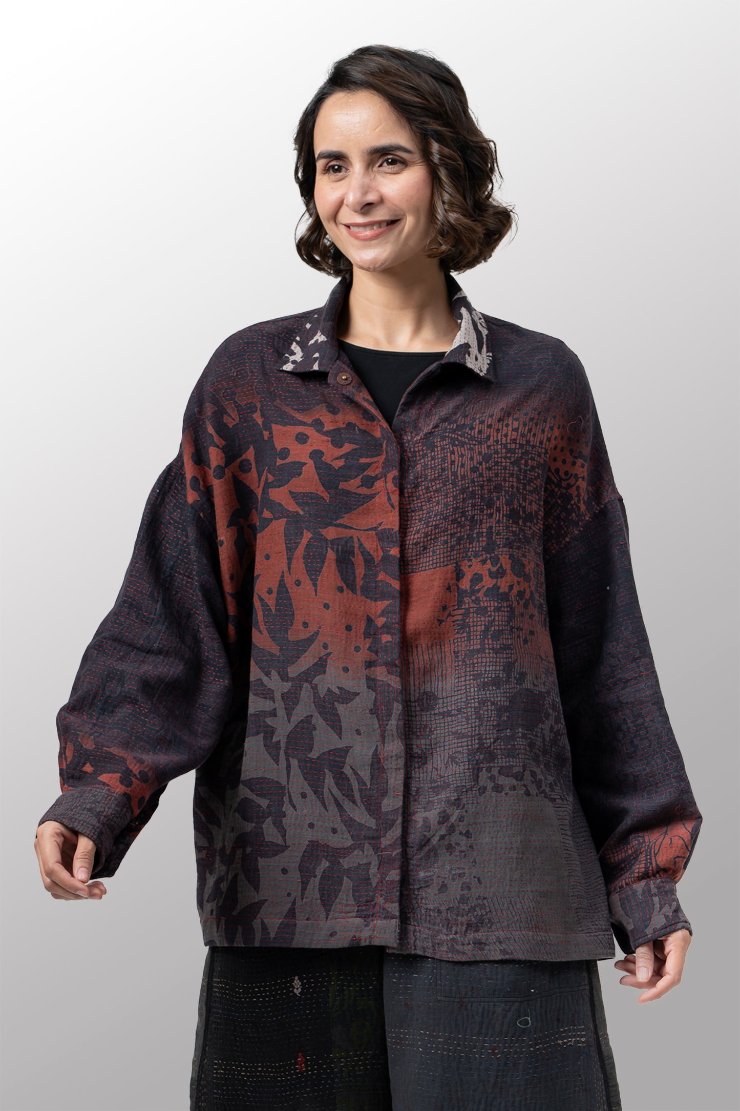 MONOTONE TWILIGHT PRINT KANTHA NEW CAMP SHIRT - tp2577-red -