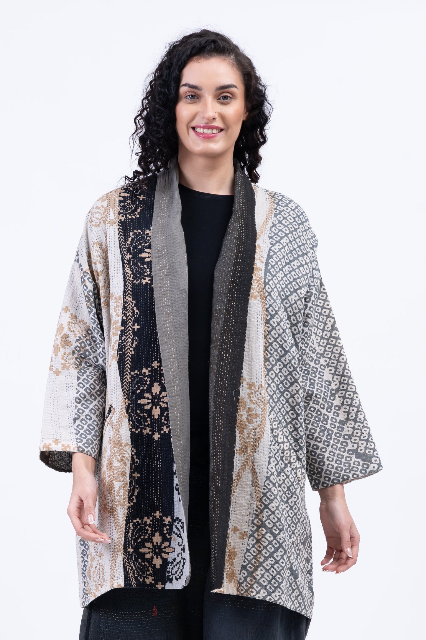 KIMONO COTTON KANTHA HAORI JACKET - kc2068-gry -