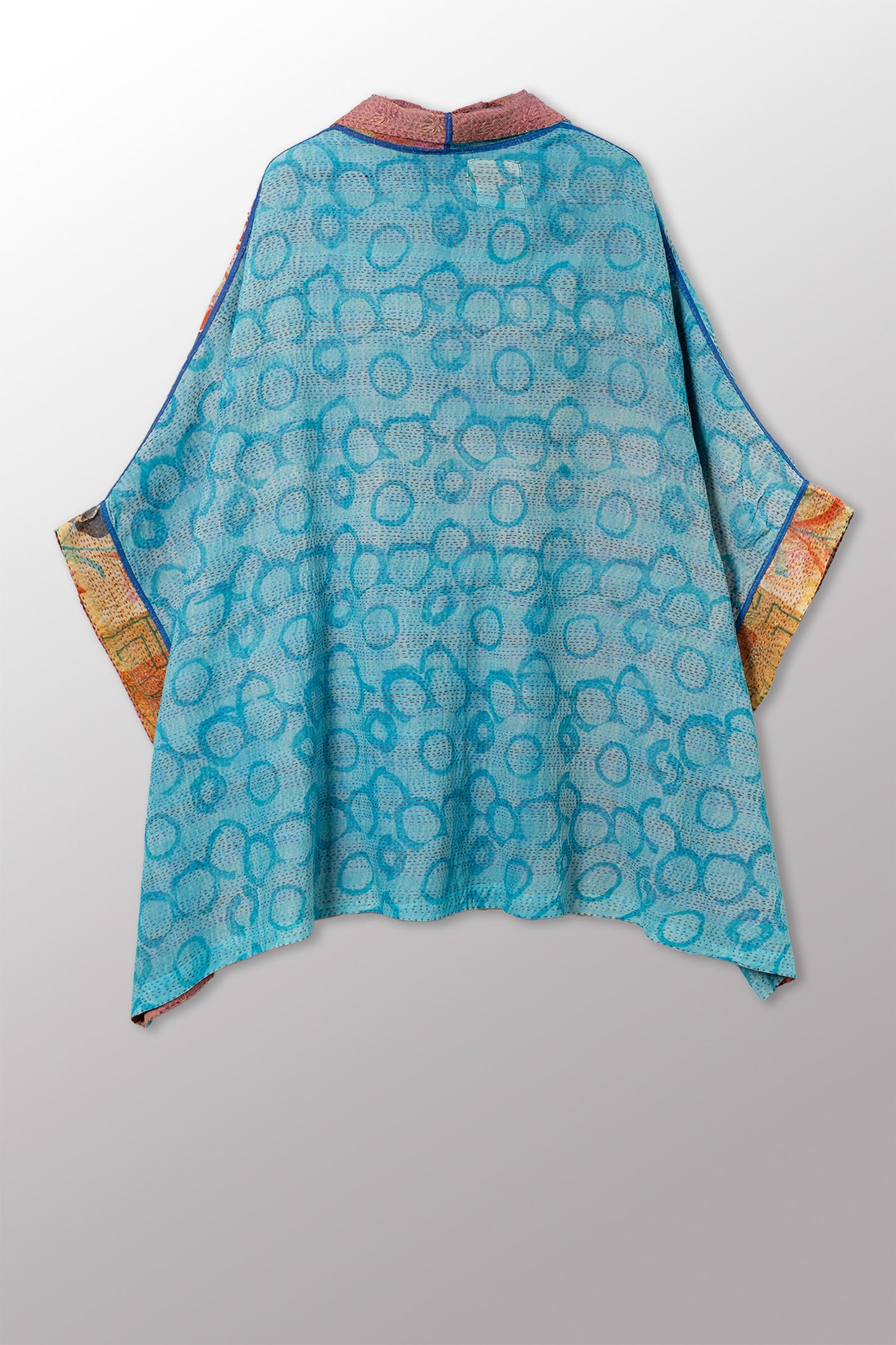 GEORGETTE JACQUARD VINTAGE SILK PATCH KANTHA DOUBLE COLLAR PONCHO - gj2323-0003a -