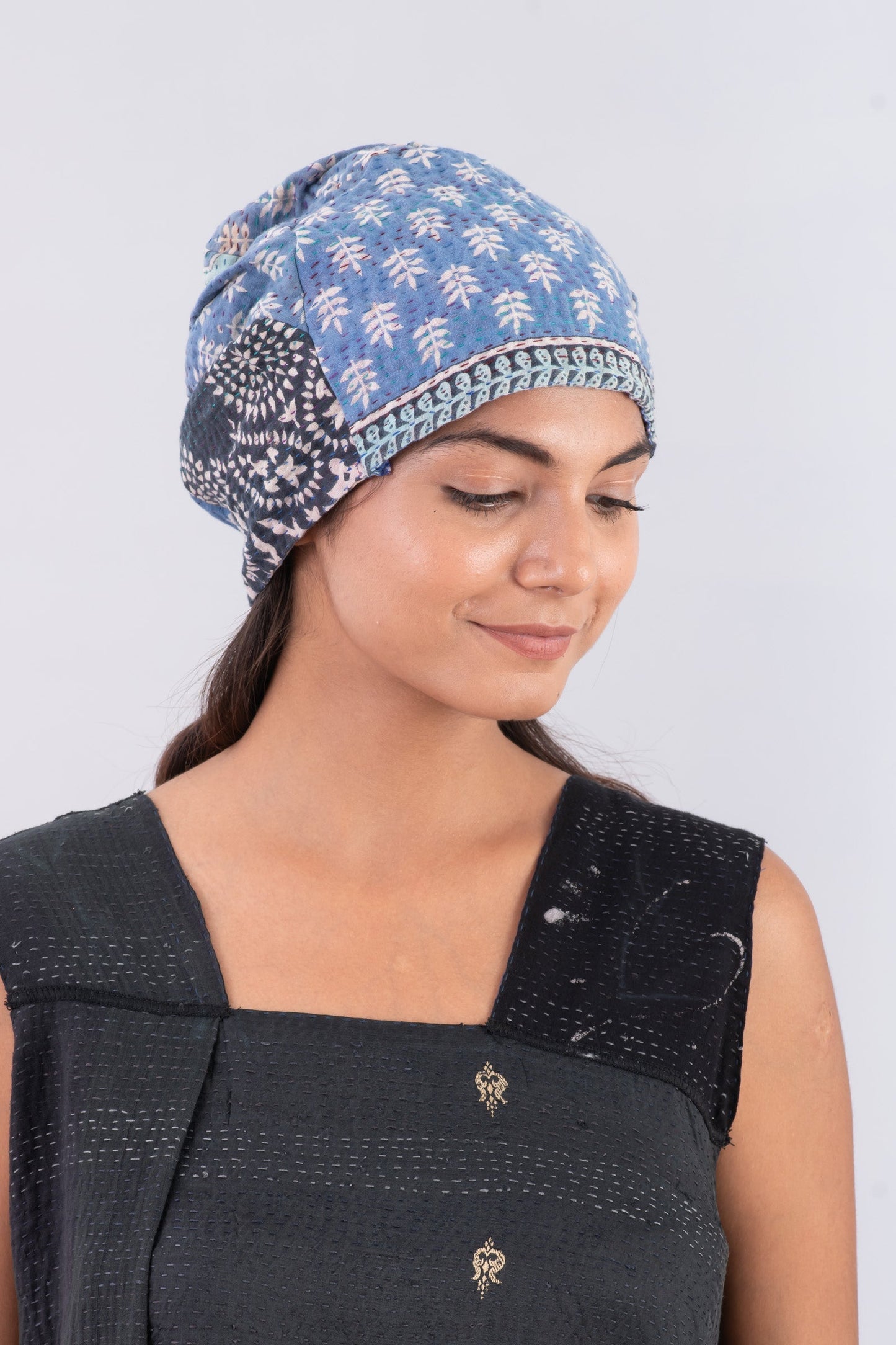 VINTAGE COTTON KANTHA PATCHWORK HAT - cv4880-blu -