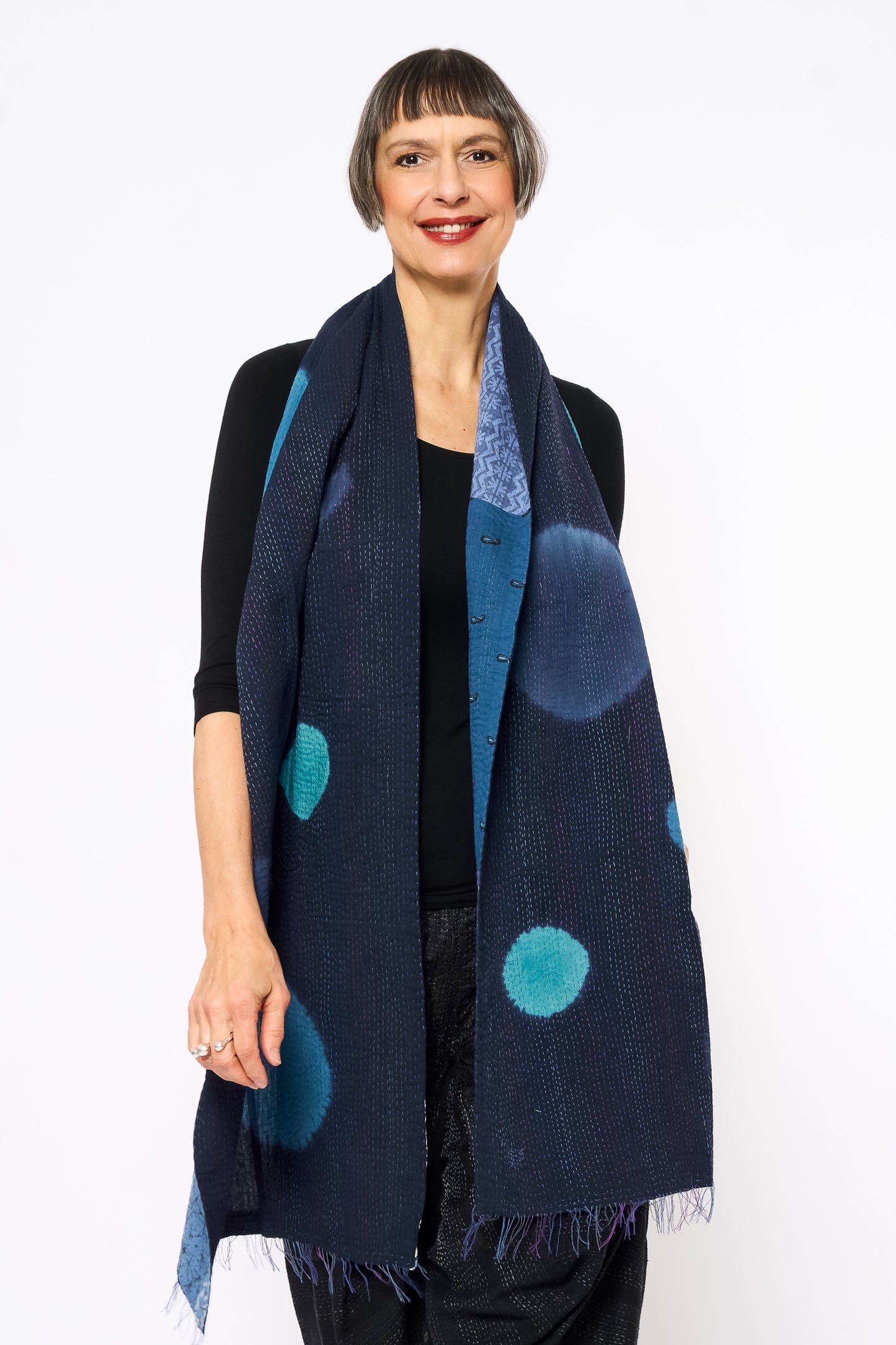 PATCH & CIRCLE PRINT KANTHA SCARF STANDARD - pc2801-blu -