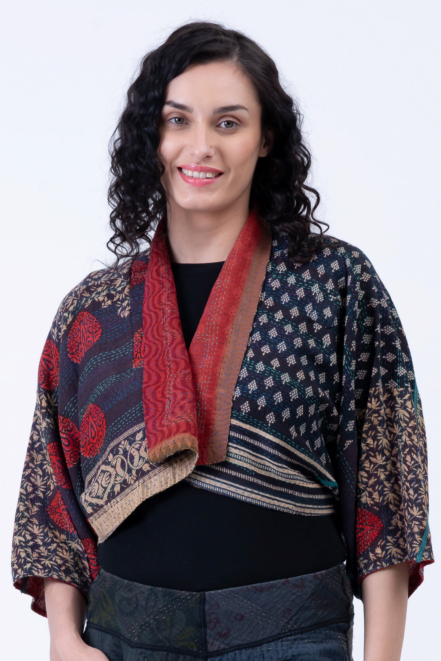 VINTAGE SILK GEORGETTE COTTON KANTHA PUFF SLV. SHRUG - gc2062-0007a -