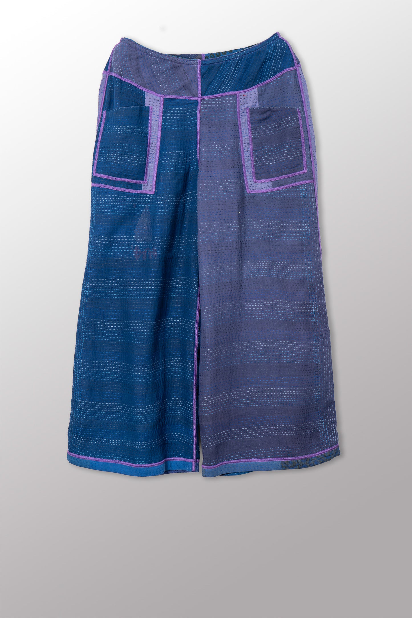 BROCADE PATCHED KANTHA MID RISE WIDE LEG PANTS - bp2665-blu -