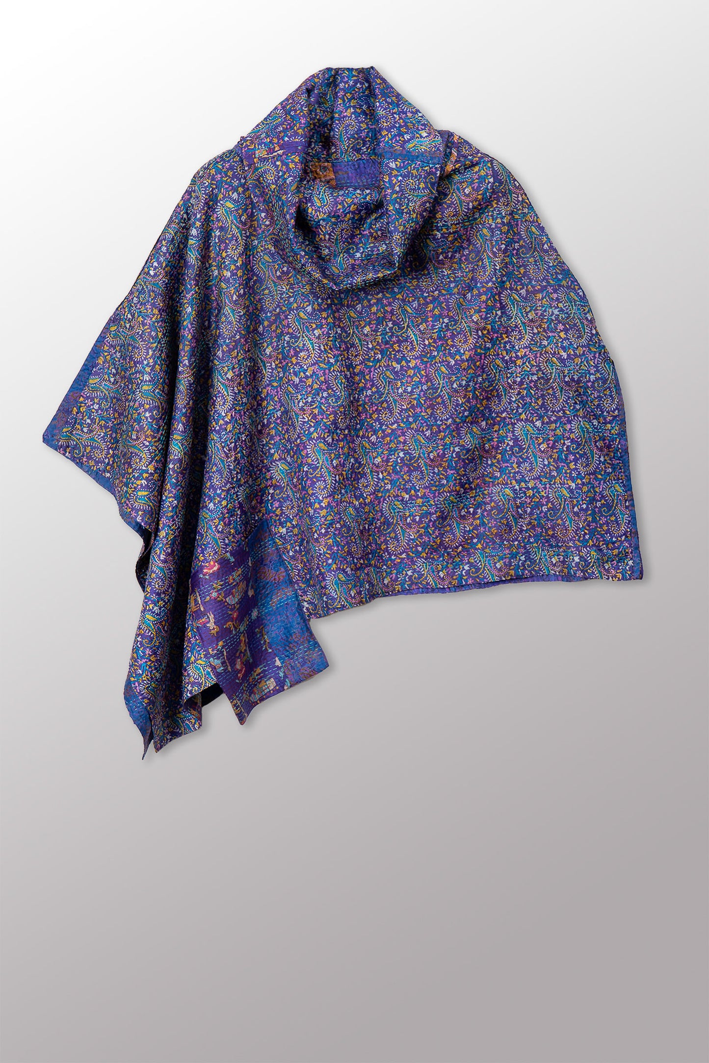 VINTAGE SILK KANTHA COWL NECK LONG CAPE - sv2842-0003a -
