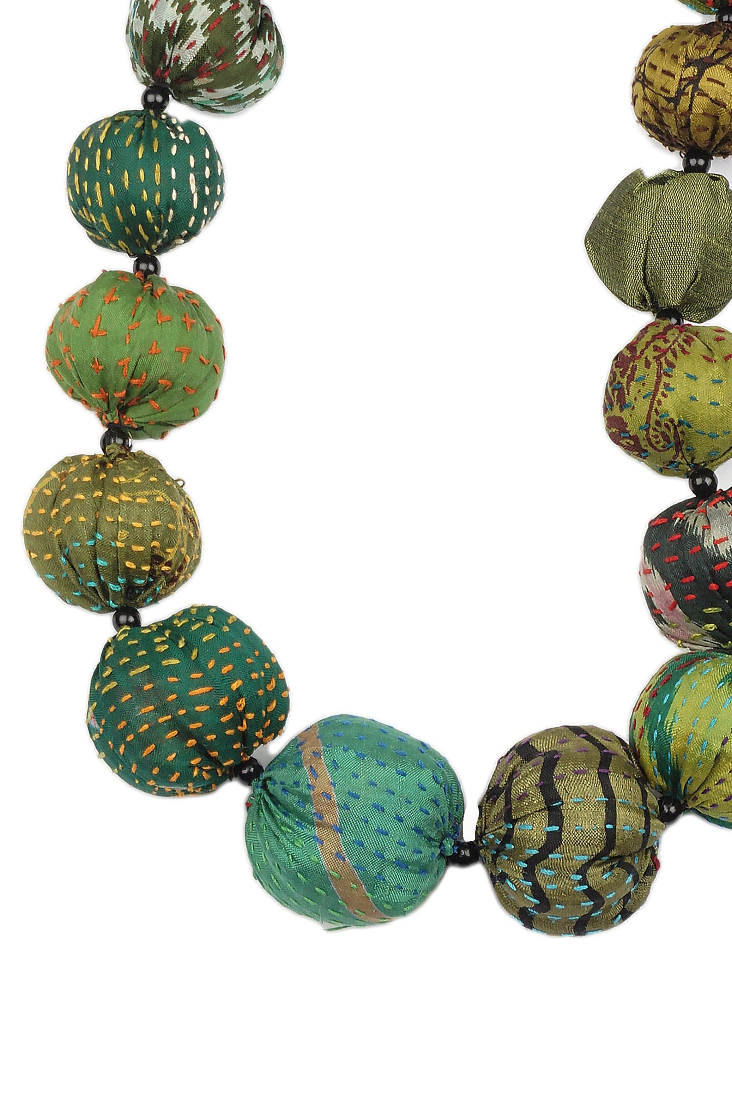 VINTAGE SILK KANTHA NUTS MEDIUM NECKLACE - sv2701-grn -