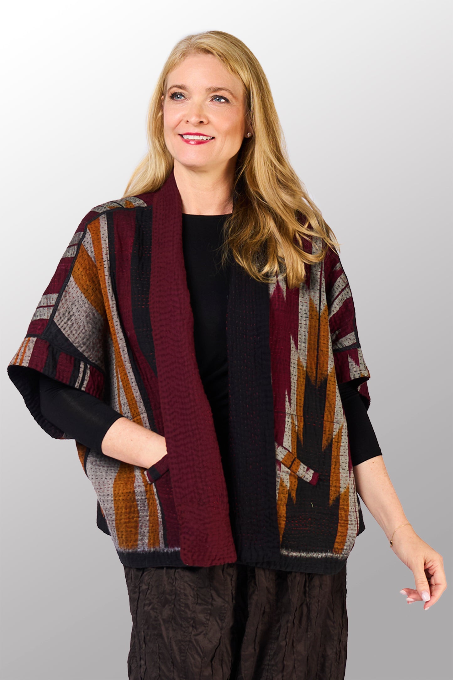 WOVEN HANDLOOM IKAT WITH OMBRE KANTHA MINI PONCHO - wh4060-red -