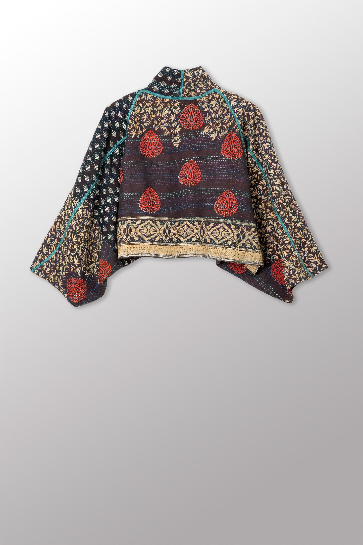 VINTAGE SILK GEORGETTE COTTON KANTHA PUFF SLV. SHRUG - gc2062-0007a -