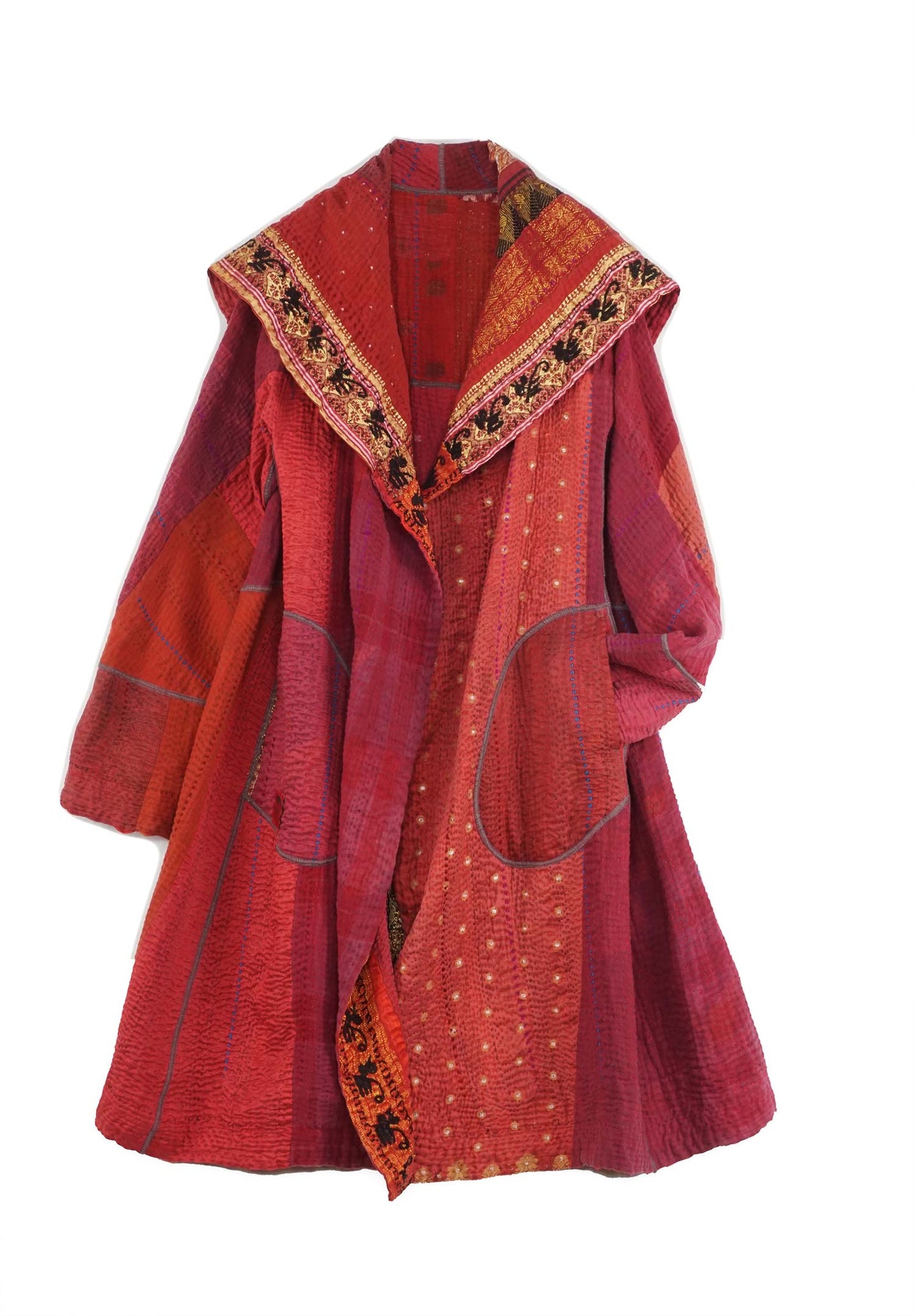 STRIPE RALLIS KANTHA A-LINE COAT - pr4309-red -