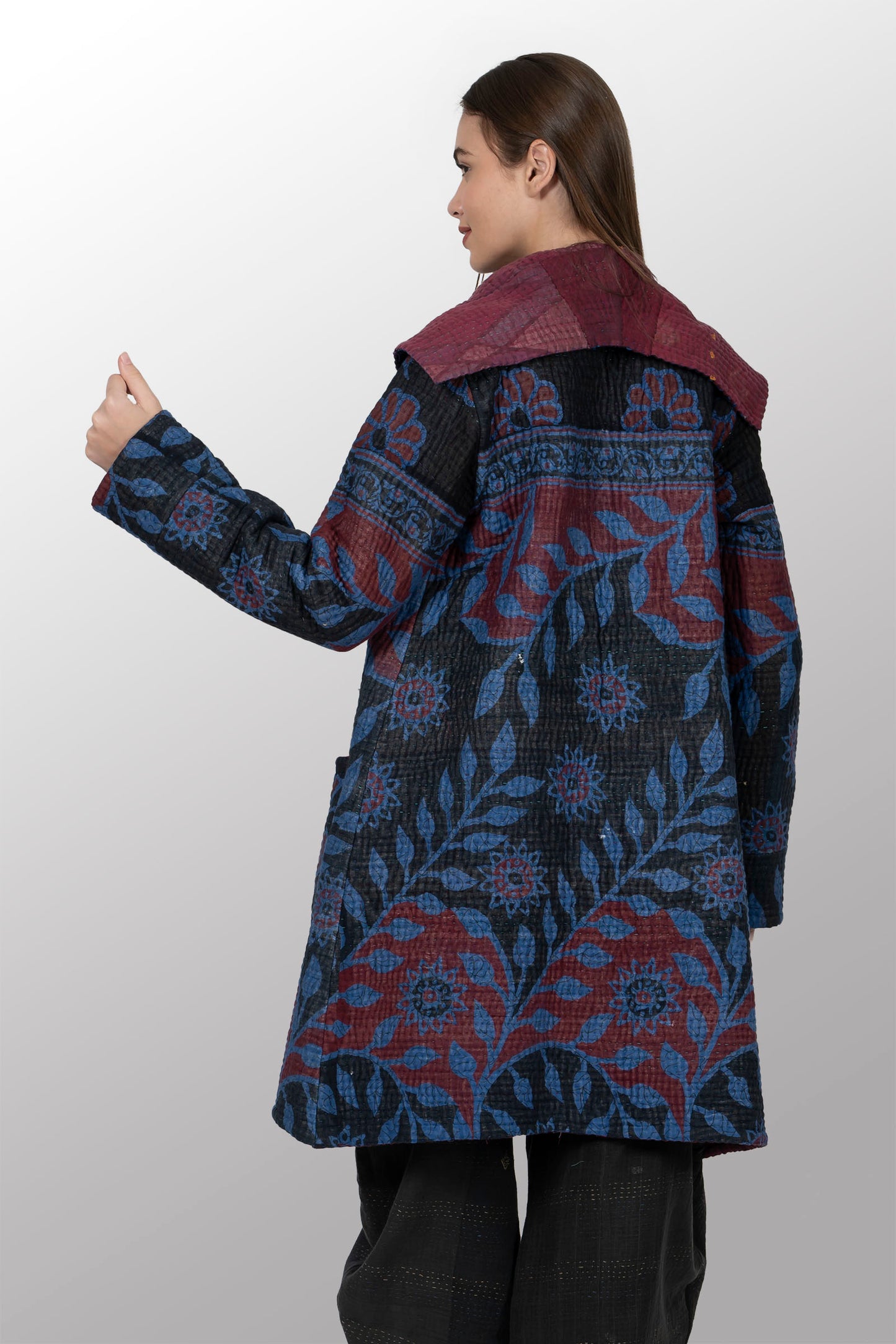 QUILTED OVERDYE COTTON KANTHA POCKET MEDIUM COAT - oq5316-cblu005a -