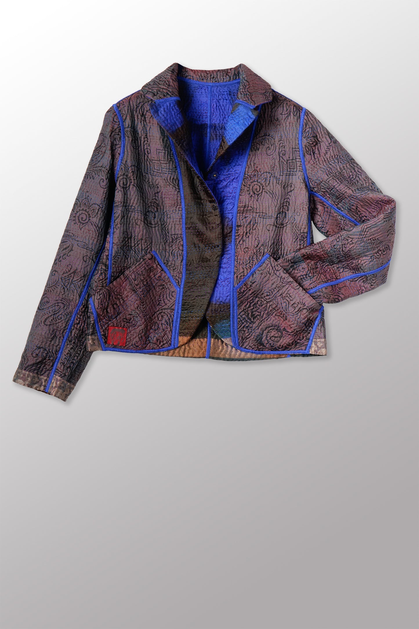 VINTAGE JACQUARD CLAMP DYE WITH PRINTED SILK KANTHA CROPPED BASIC JACKET - jk4096-0002m -