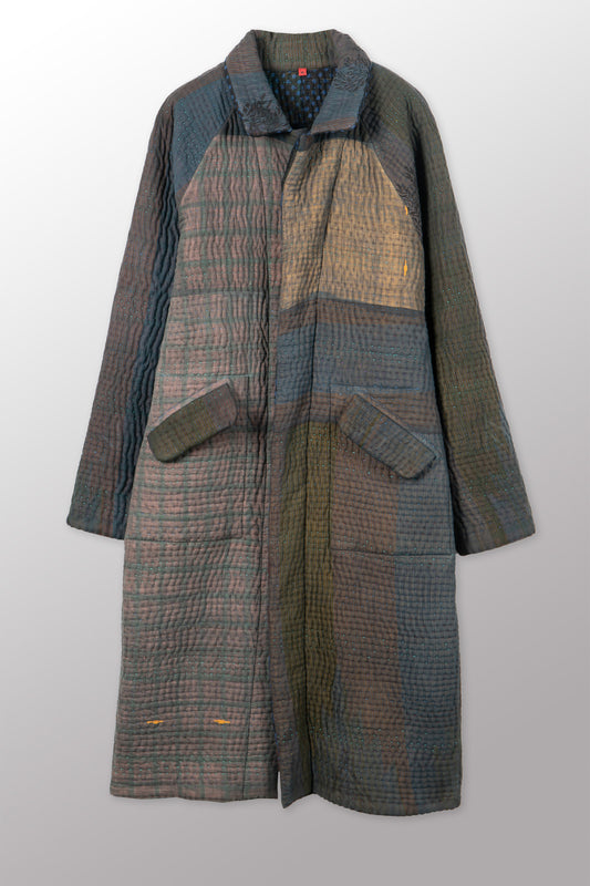 OQ5337-CBLU002M @QUILTED OVERDYE COTTON KANTHA RAGLAN SLEEVE COAT