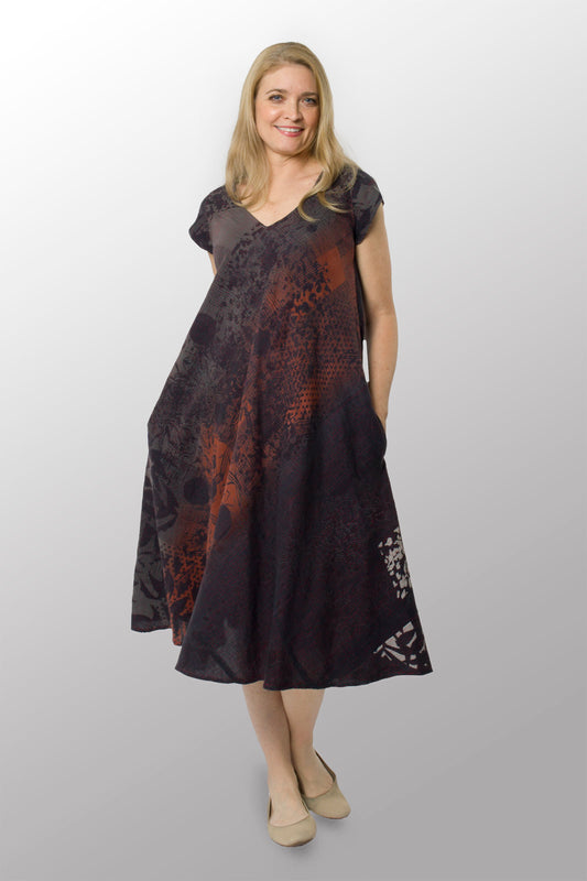 MONOTONE TWILIGHT PRINT KANTHA CAP SLV. FLARE DRESS - tp2425-red -