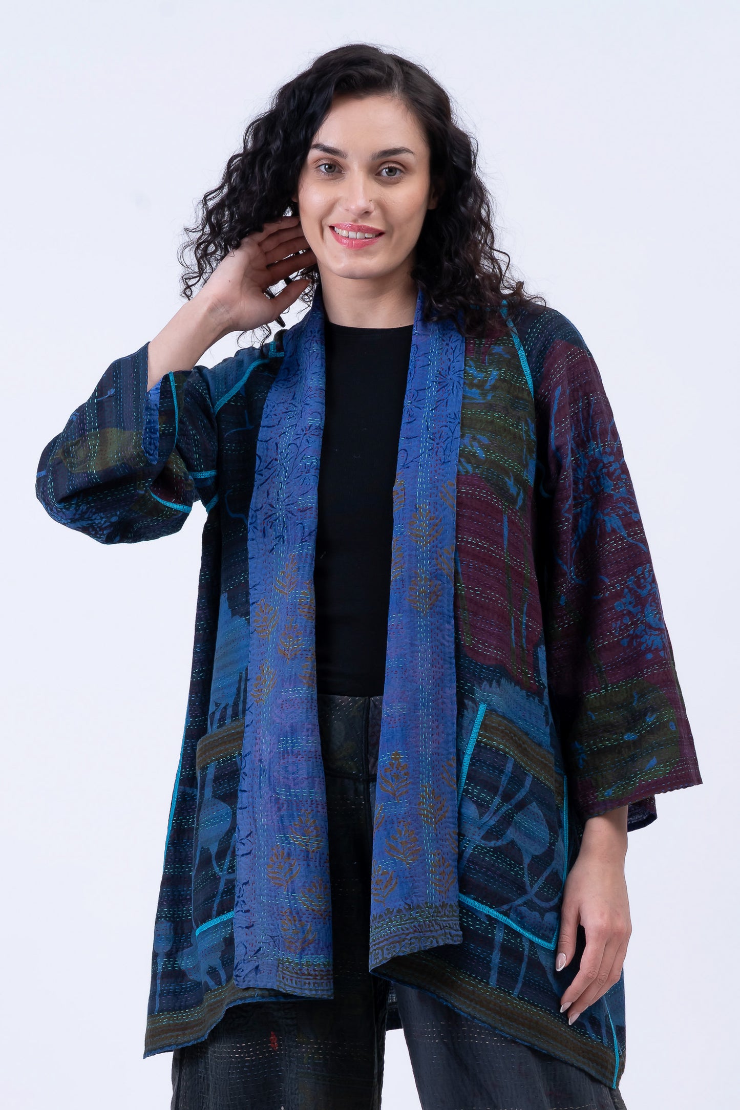VINTAGE SILK GEORGETTE COTTON KANTHA A-LINE JKT - gc2003-0040a -