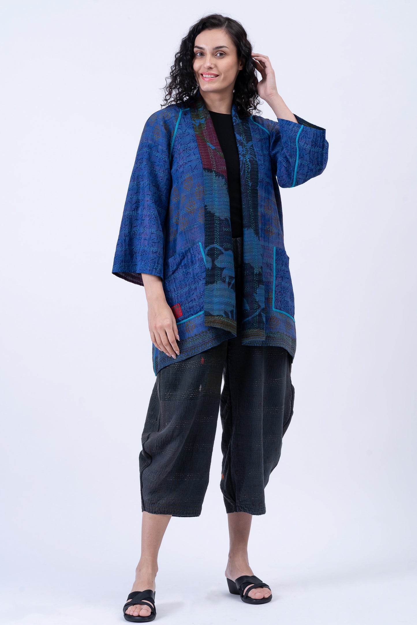 VINTAGE SILK GEORGETTE COTTON KANTHA A-LINE JKT - gc2003-0040a -