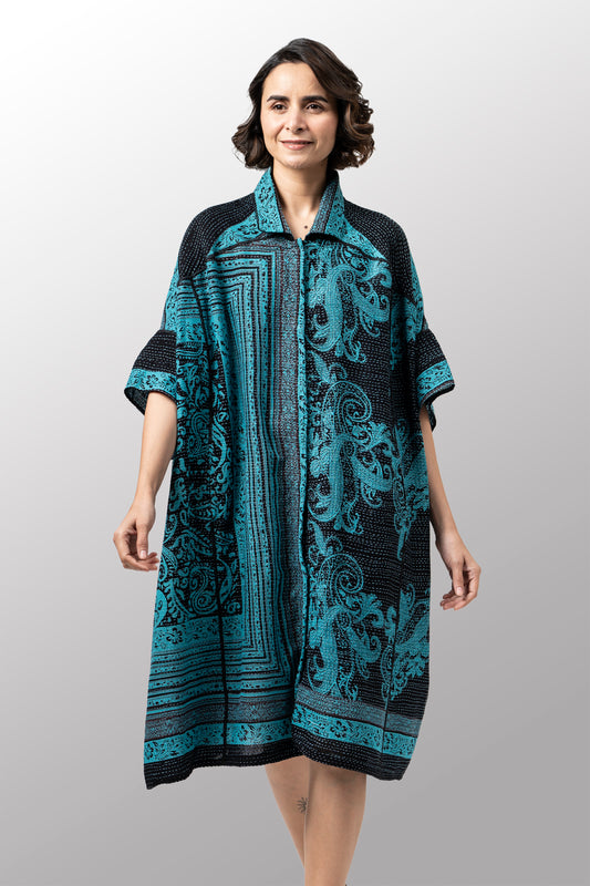 COTTON PAISLEY KANTHA WIDE SHIRT DRESS - cp2448-tel -