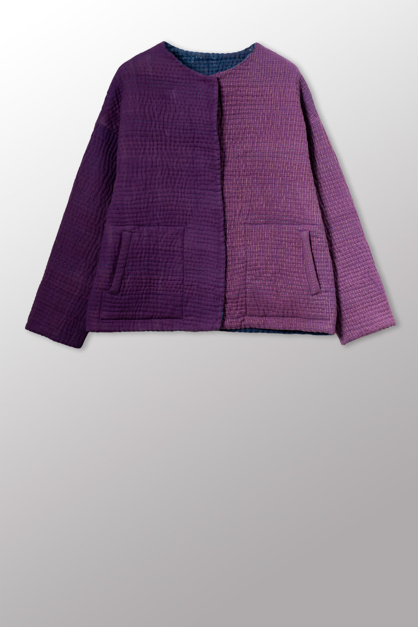 QUILTED OVERDYE COTTON KANTHA CREW NECK SHORT JKT - oq5053-cblu004a -