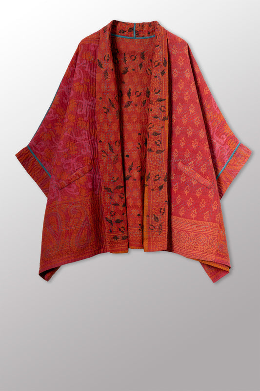COTTON OVERDYE KANTHA DOUBLE COLLAR PONCHO - ov4323-corg001a -
