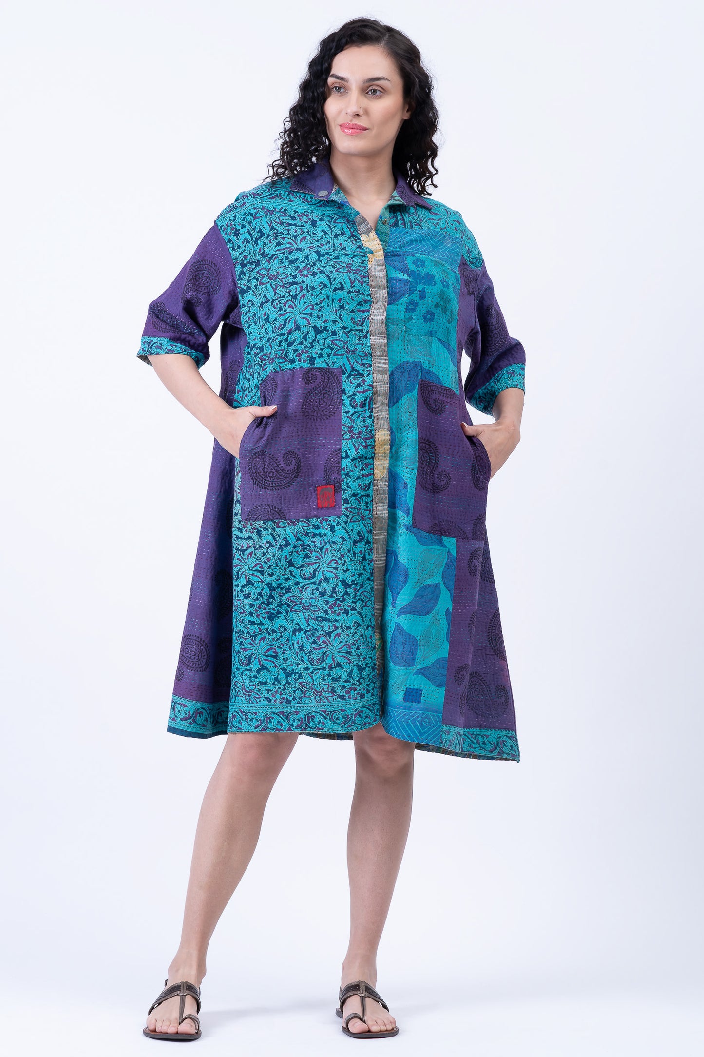 COTTON OVERDYE KANTHA 3/4 SLV. SHIRT DRESS - ov2459-cblu001m -
