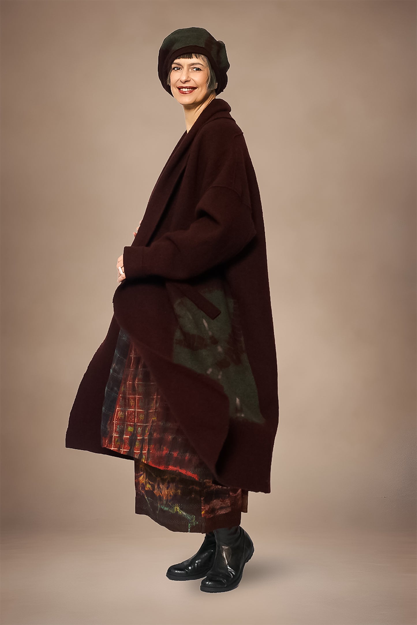 CIRCLE TIE DYE BOILED WOOL NEW SHAWL COAT LONG - tw1362-brn -